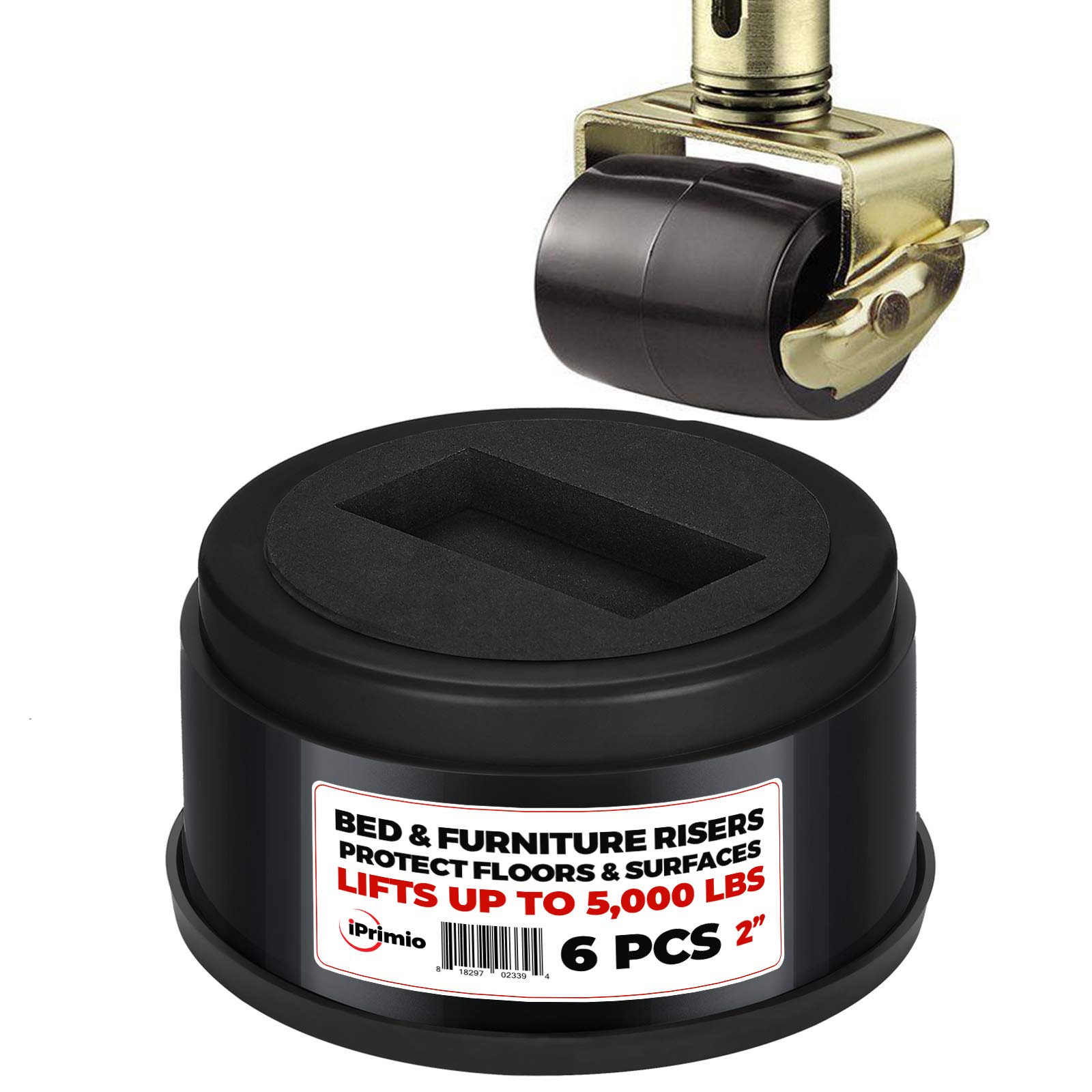 iPrimio Stackable Bed Risers, Fits Caster Wheels - Round, 3 Inch Lift, Heavy Duty 6 Pack, Up to 5000lbs - Raising Blocks, Furniture Risers - Safe, Sturdy Bed Lifts for Dorms, Couches, Tables, Desks Black 