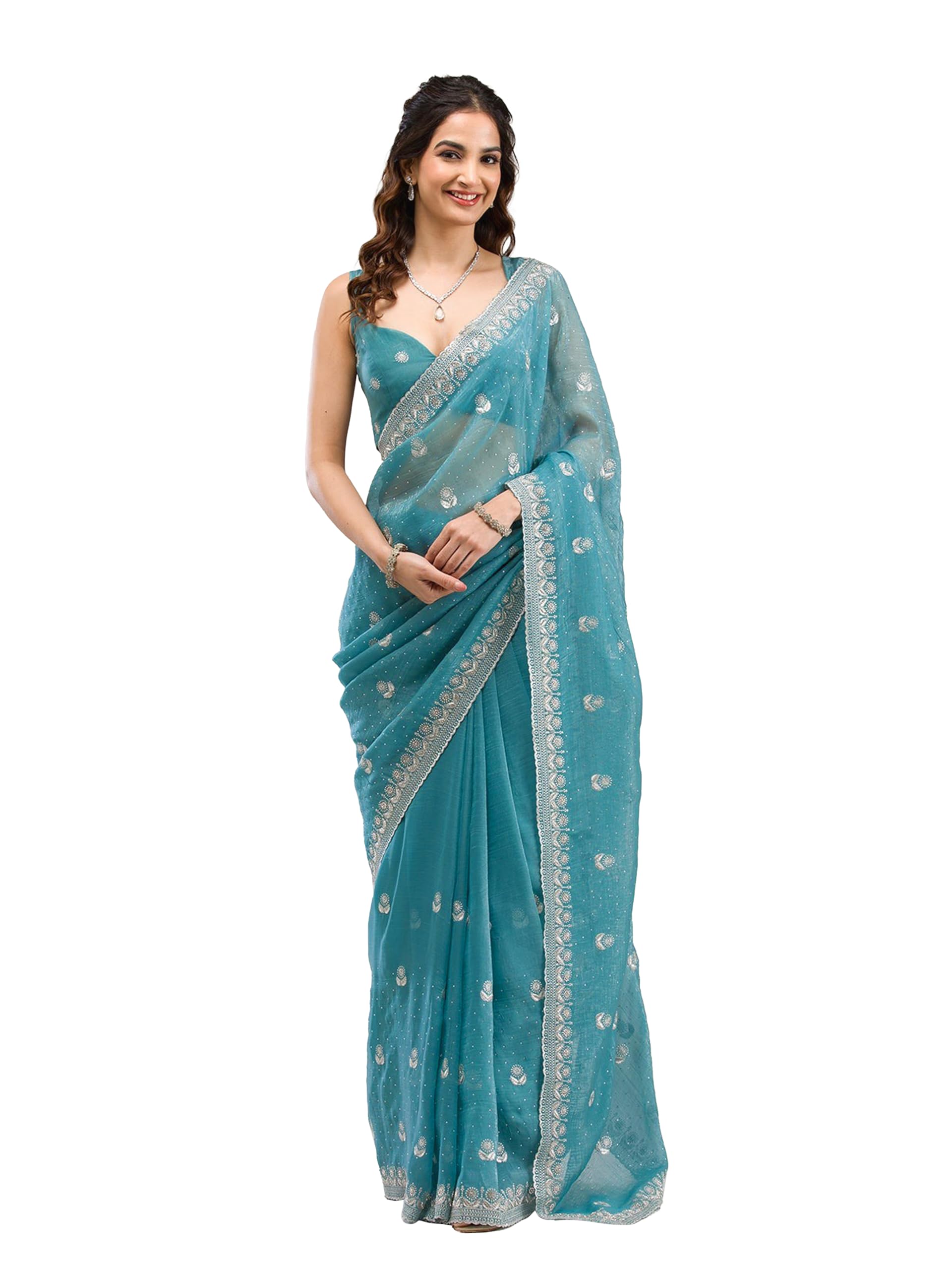 trendmalls Women's Art Silk Embroidery With Siroski Work Saree with Unstitch Blouse Piece (K1266-Turquoise)-picture-24
