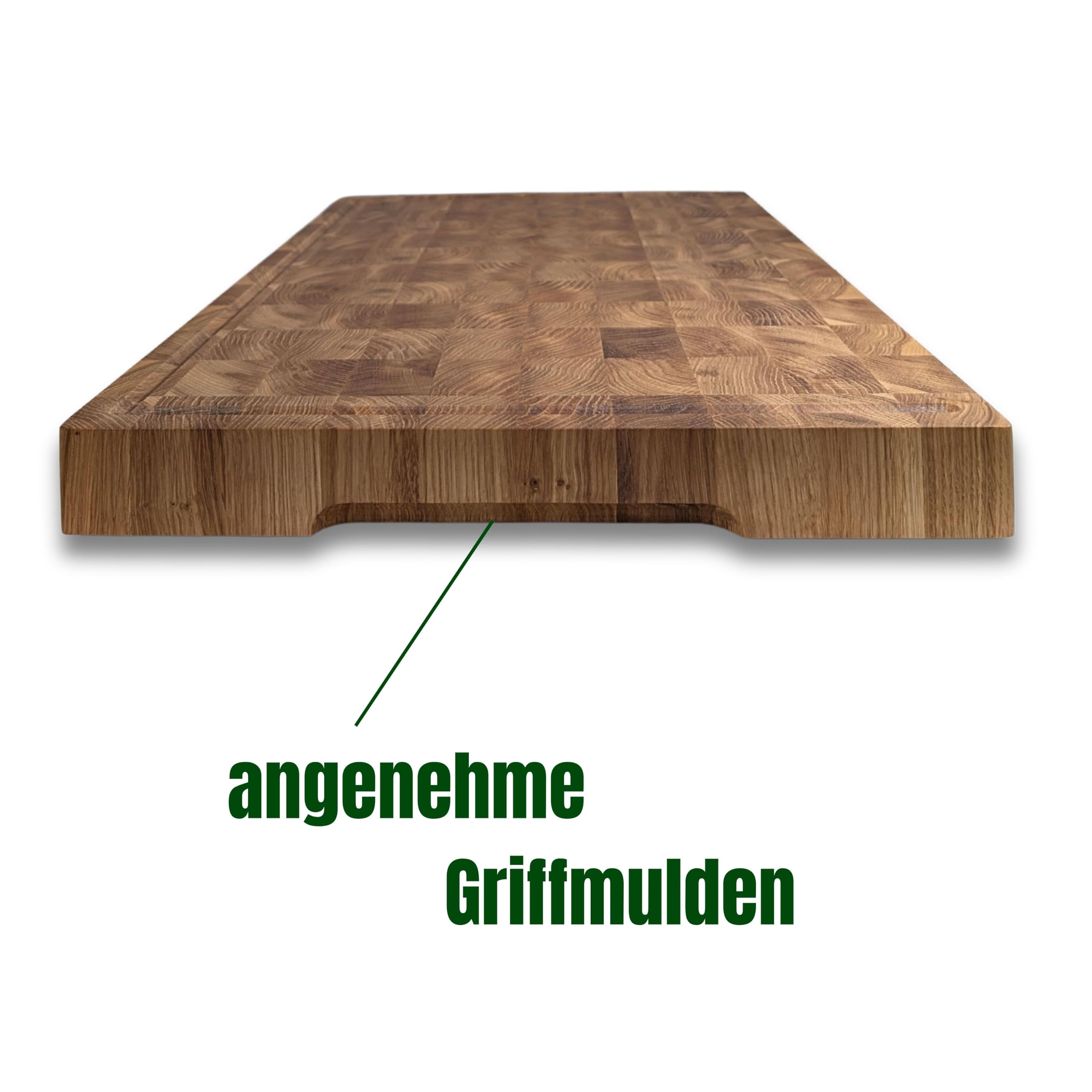 Hackblock Stirnholz XXXL Premium Schneidebrett Eiche 60x40x4,5 cm – Tranchierbrett mit Saftrillen, Rutschfeste Füße, Langlebiges Küchenbrett aus hochwertigem Eichenholz