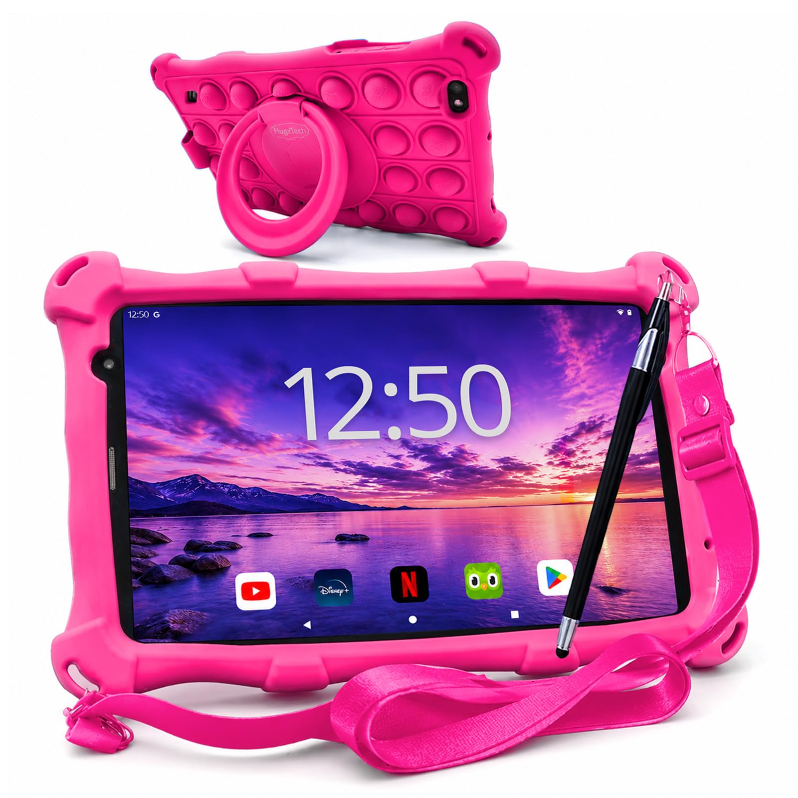 AngelTech Kindertablet Pro Max - Android 16 Kinder Tablet mit Kindersicherung - 8 Zoll HD 2025-4GB RAM + 4GB virtuell, 64GB ROM - Tablet für Kinder mit Schutzhülle - Rosa/Pink