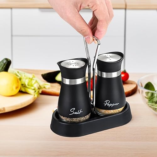 Miniatura 6 de Accmor Juego de saleros y pimenteros con soporte, recipientes de acero inoxidable de 4 onzas con fondo de vidrio para cocina, barbacoa, bar, mesa,