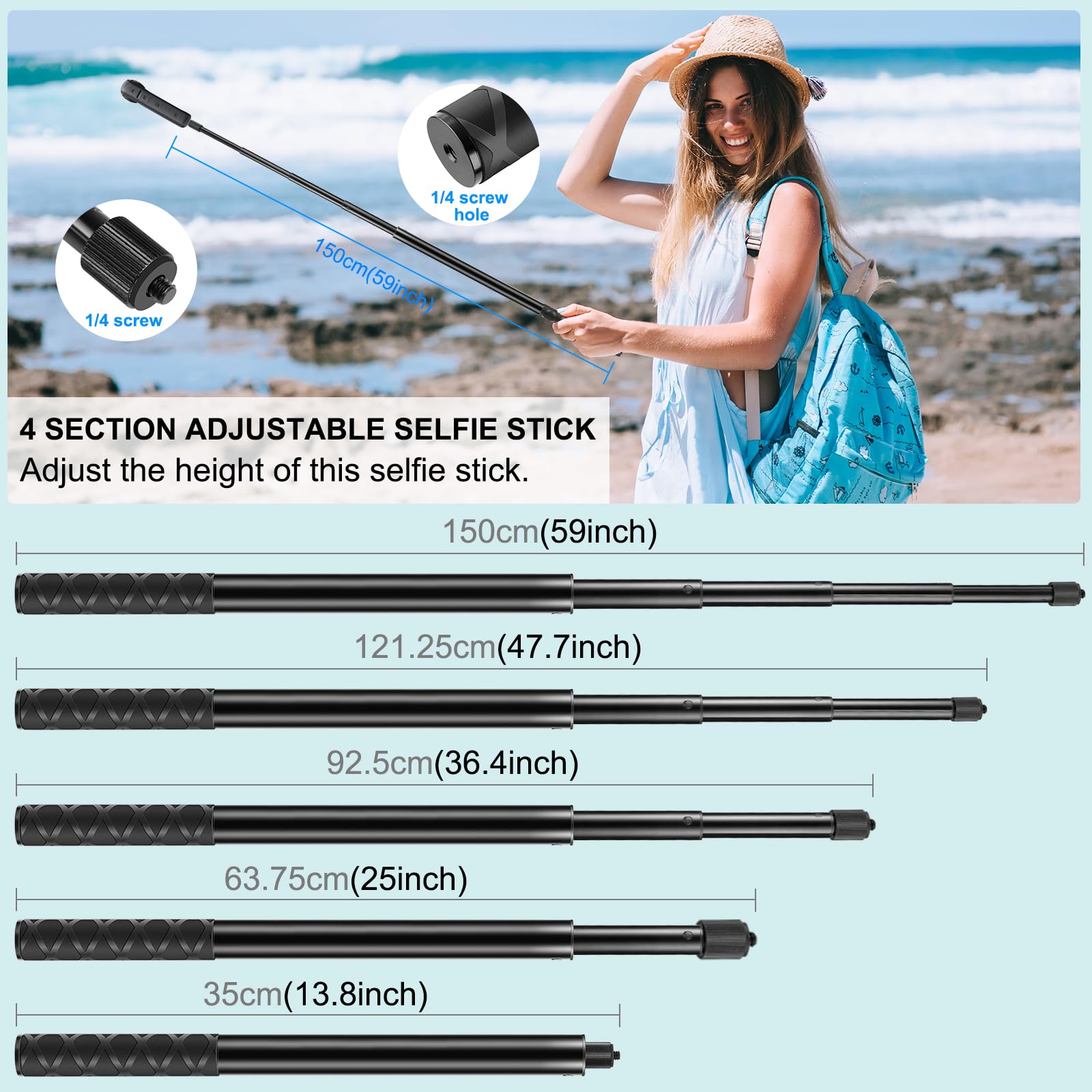 PULUZ Supporto per fotocamera da moto con 2 granchi a doppia testa e bastone per selfie da 150 cm, set per riprese in prima persona, supporto per manubrio bicicletta Insta360 X4 X3 X2 ONE RS R ace