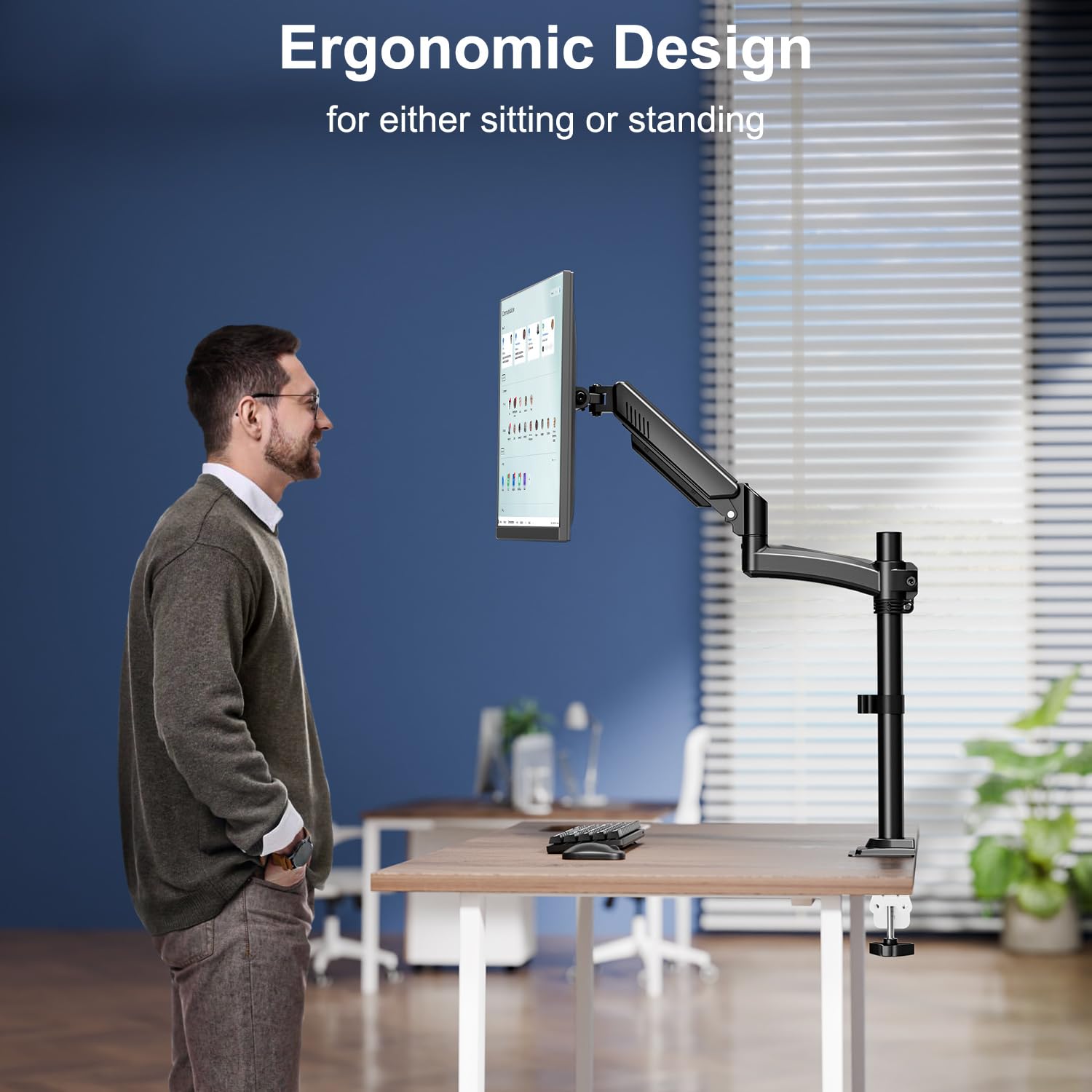 ELIVED Supporto per monitor da 13 – 32", braccio a molla a gas per monitor da 2 – 10 kg, con VESA 75/100 mm, altezza regolabile a braccio singolo con inclinabile, girevole, girevole, EV6033B