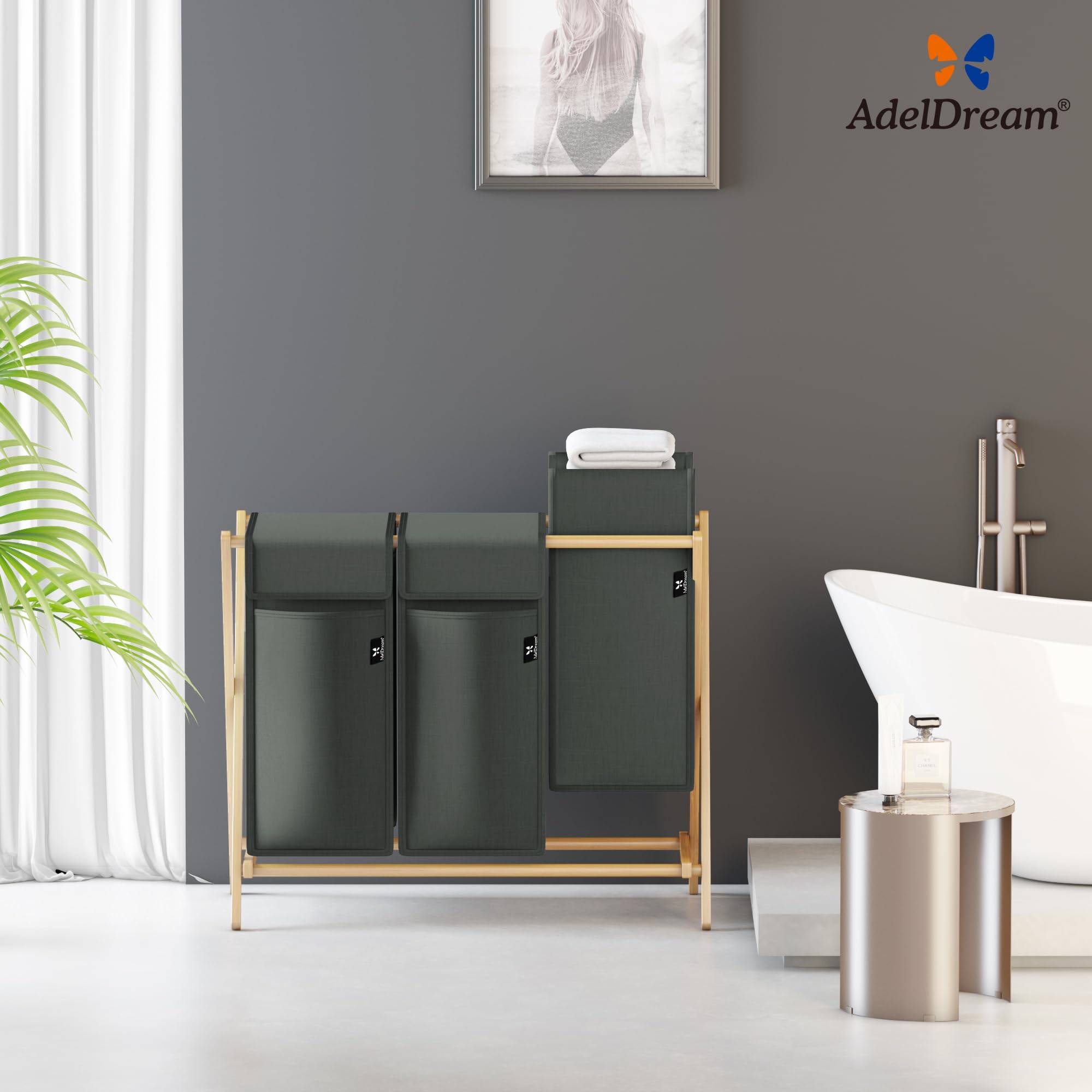 AdelDream Wäschekorb 3 Fächer 150L Bambus Wäschesammler Wäsche Sortiersystem X-förmige Wäschebox laundry baskets Wäschesortierer | Wäschesortierer 3 x 50L, faltbar, mit Deckeln, X-Gestell, Grau