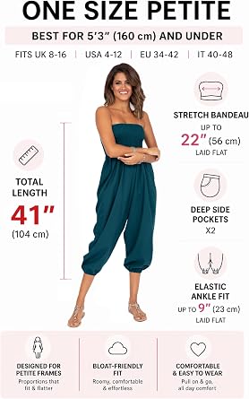 likemary Petite Jumpsuit for Women - 2-in-1 Cotton Harem Pants with Pockets - Comfy Elastic Waist