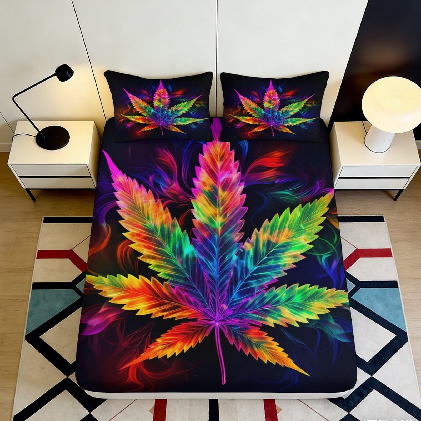3D Printed Rainbow Cannabis Leaf Fitted Sheet Microfiber Soft Breathable Neon Marijuana Mattress Cover for Bedroom Dormitory Guest Room Protection Decor 140x200x25cm