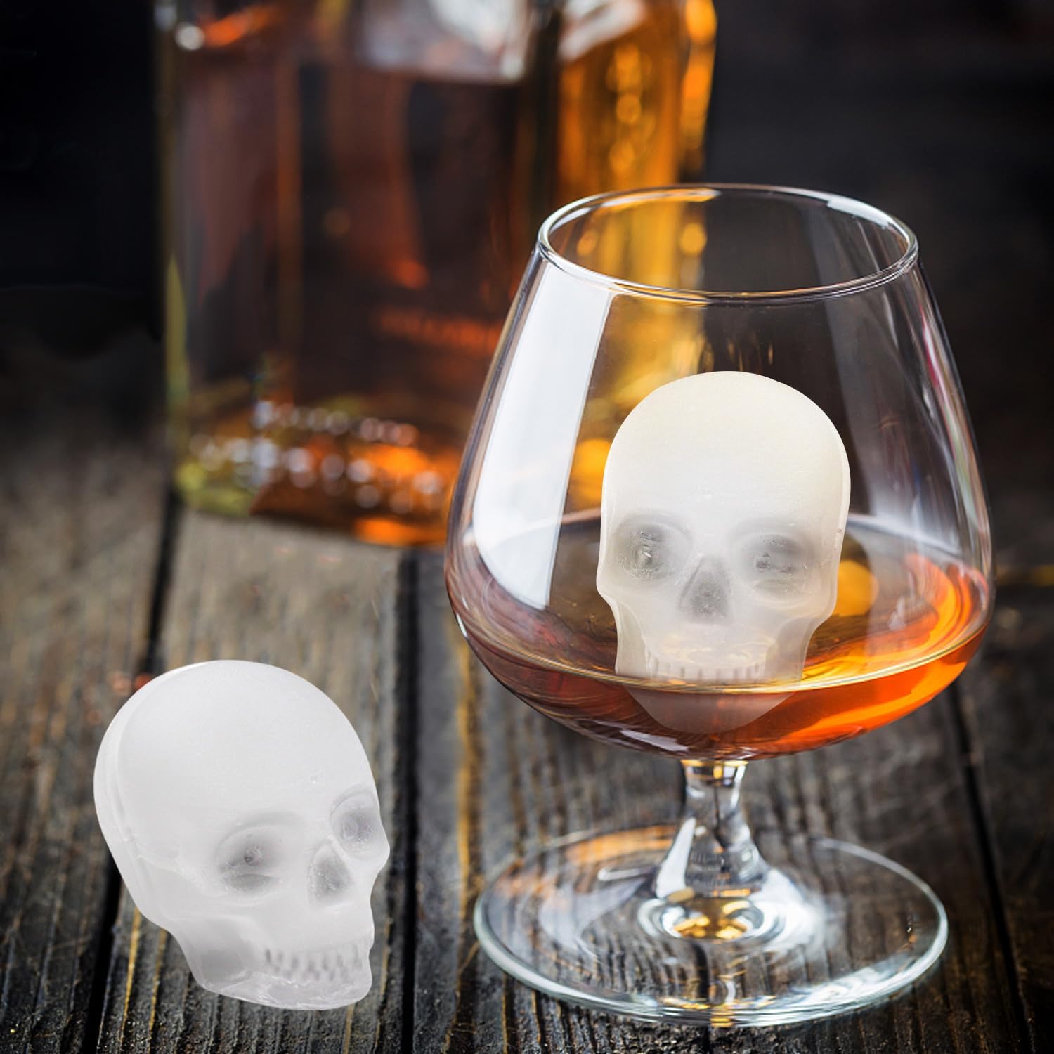 3D Skull Ice Cube Mold, Large Ice Cube Tray, Skull Shape Silicone Ice Mold with Clear Funnel-type Lid, Make 4 Funny Giant Ice for Whiskey Cocktails and Juice, Black
