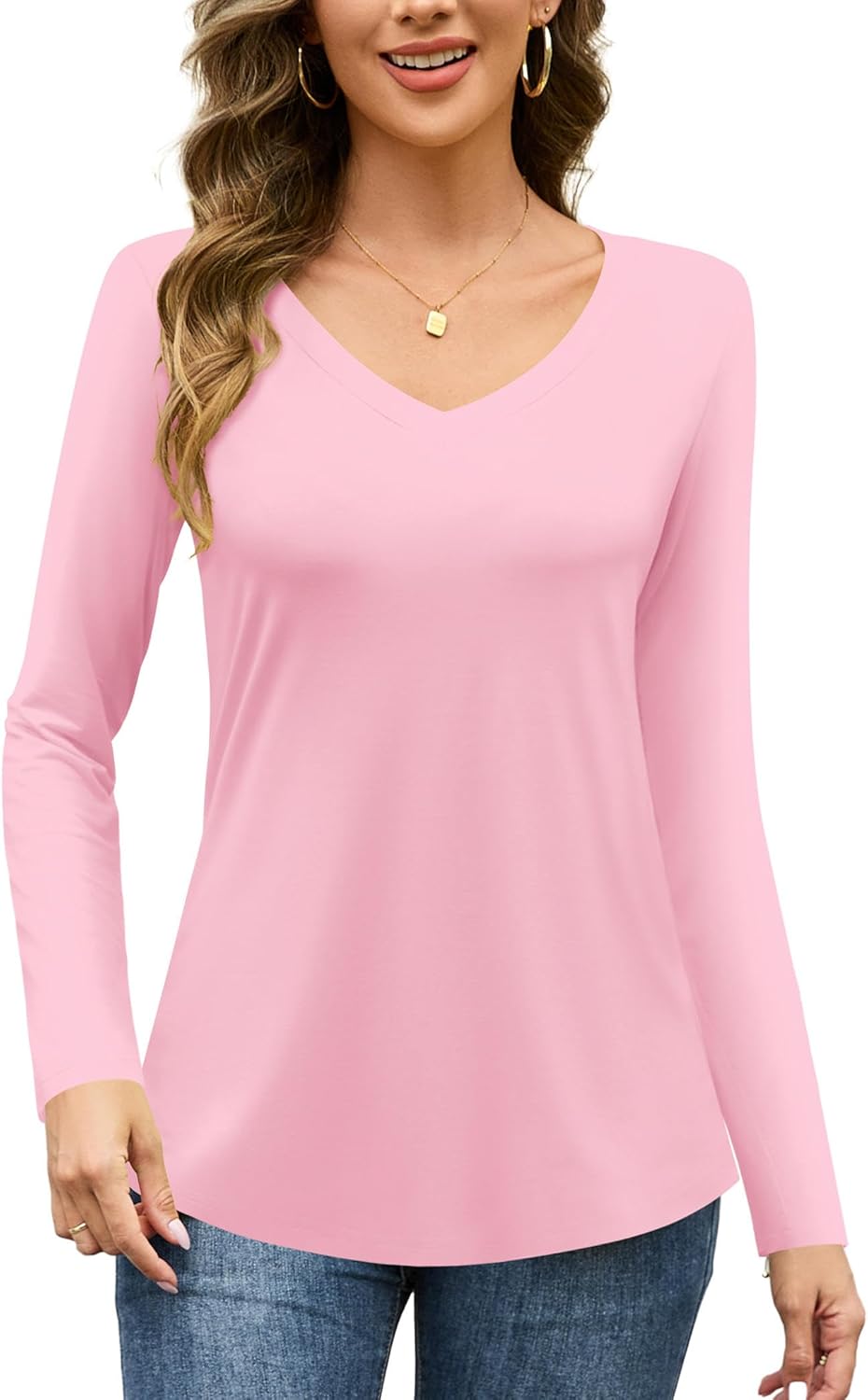 Amoretu Womens Tshirts V Neck Short Sleeve Tops Tee Solid Color Blouse - Image 2