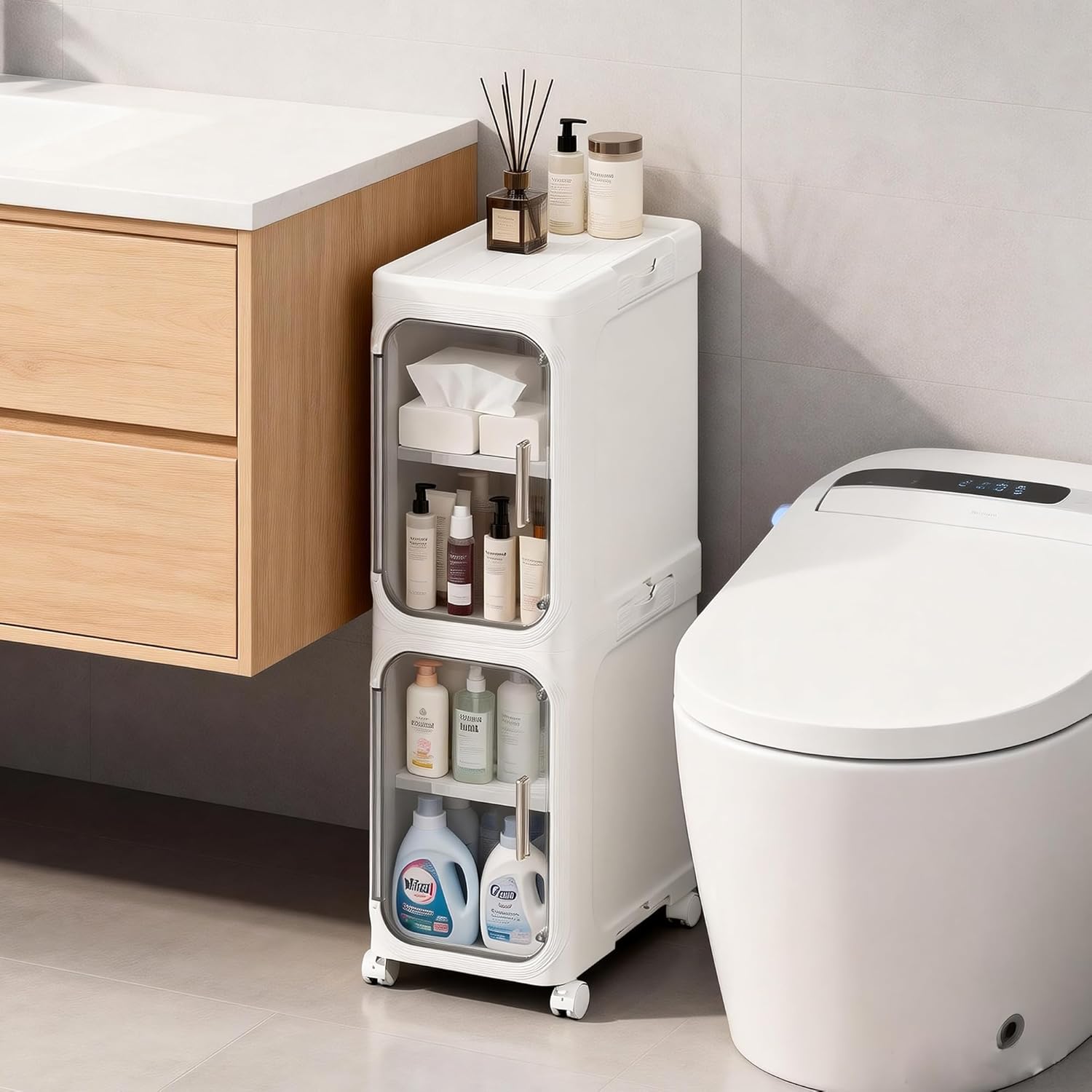 LXLXXL Narrow Storage Cabinet Slim Bathroom Storage Cabinet with Movable Wheels Tall Bathroom Organizer Skinny Cabinet for Small Spaces，2-Tier White