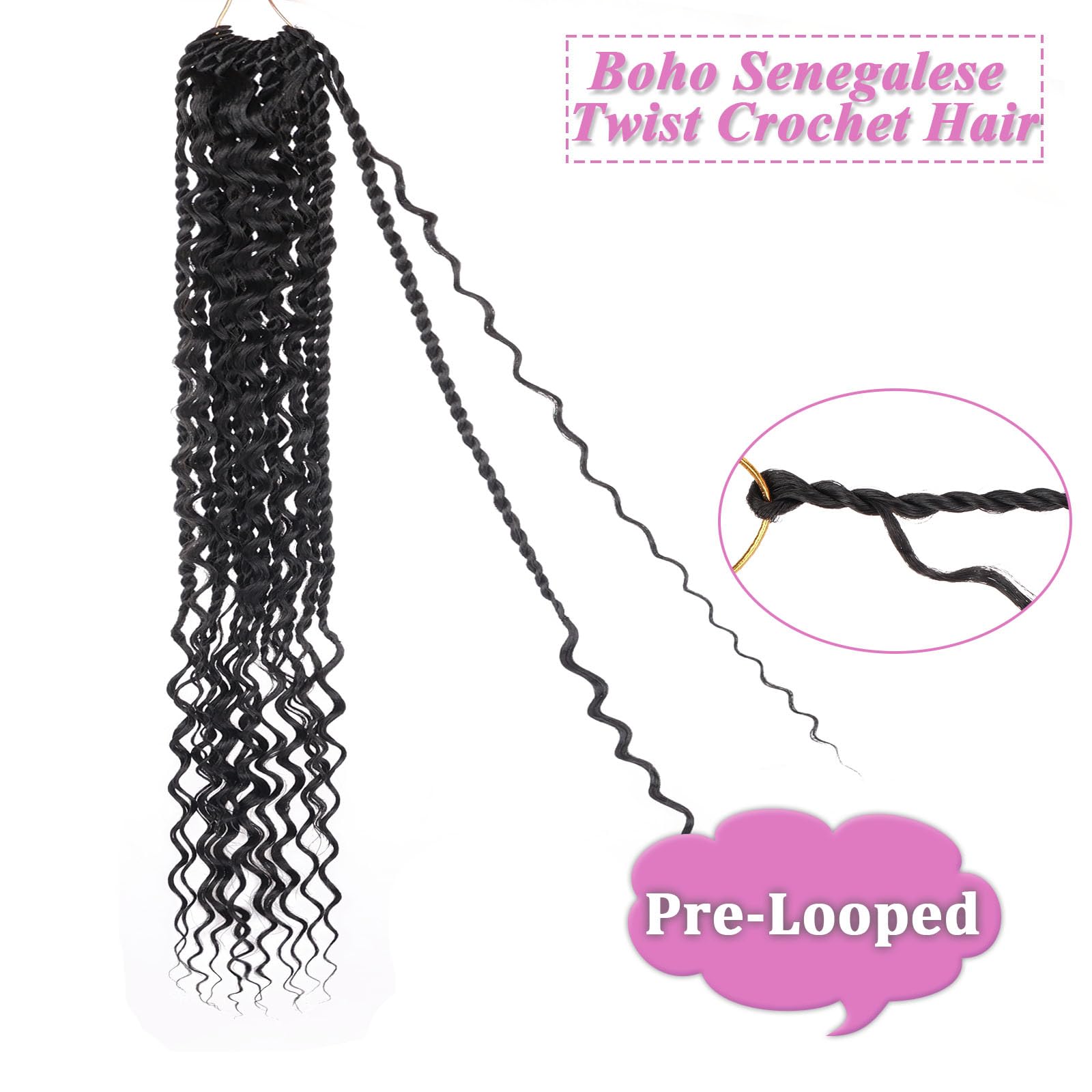 Samtress 24 Inch Boho Senegalese Twist Crochet Hair with Curly Ends 9 Packs Pre-Looped Boho Island Twist Crochet Braids with Curls Bohemian Natural Black Goddess Senegalese Twist Braids for Women(#1B) - Image 4