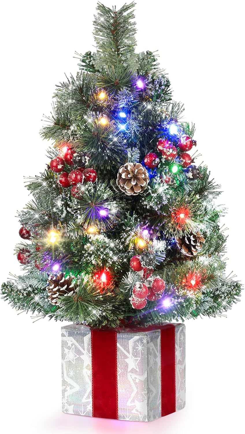 Brightever Small Christmas Tree, 2FT Prelit Mini Christmas Tree with 50 Multi-Color LED Lights, Unique Gift Box Base, Battery Operated Little Xmas Tree for Table Top, Pinecone & Berries Included White Box 2ft