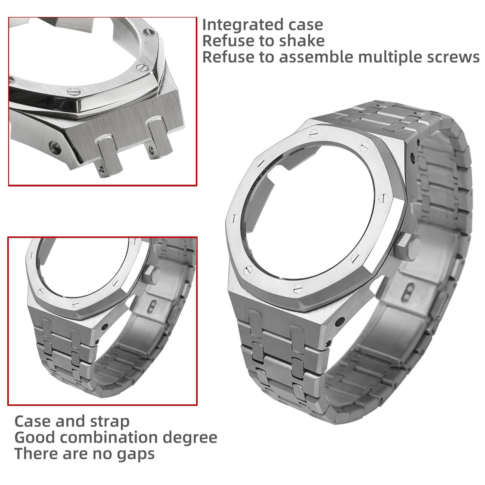 Neuupesen GM-2100 Mod Kit 316L Stainless Steel Case with Crown Side Solid Metal Watchband Strap Bracelet for Men's Watch GBM-2100 Part Replacement (Silver Metal Set, GM-2100/GBM-2100)