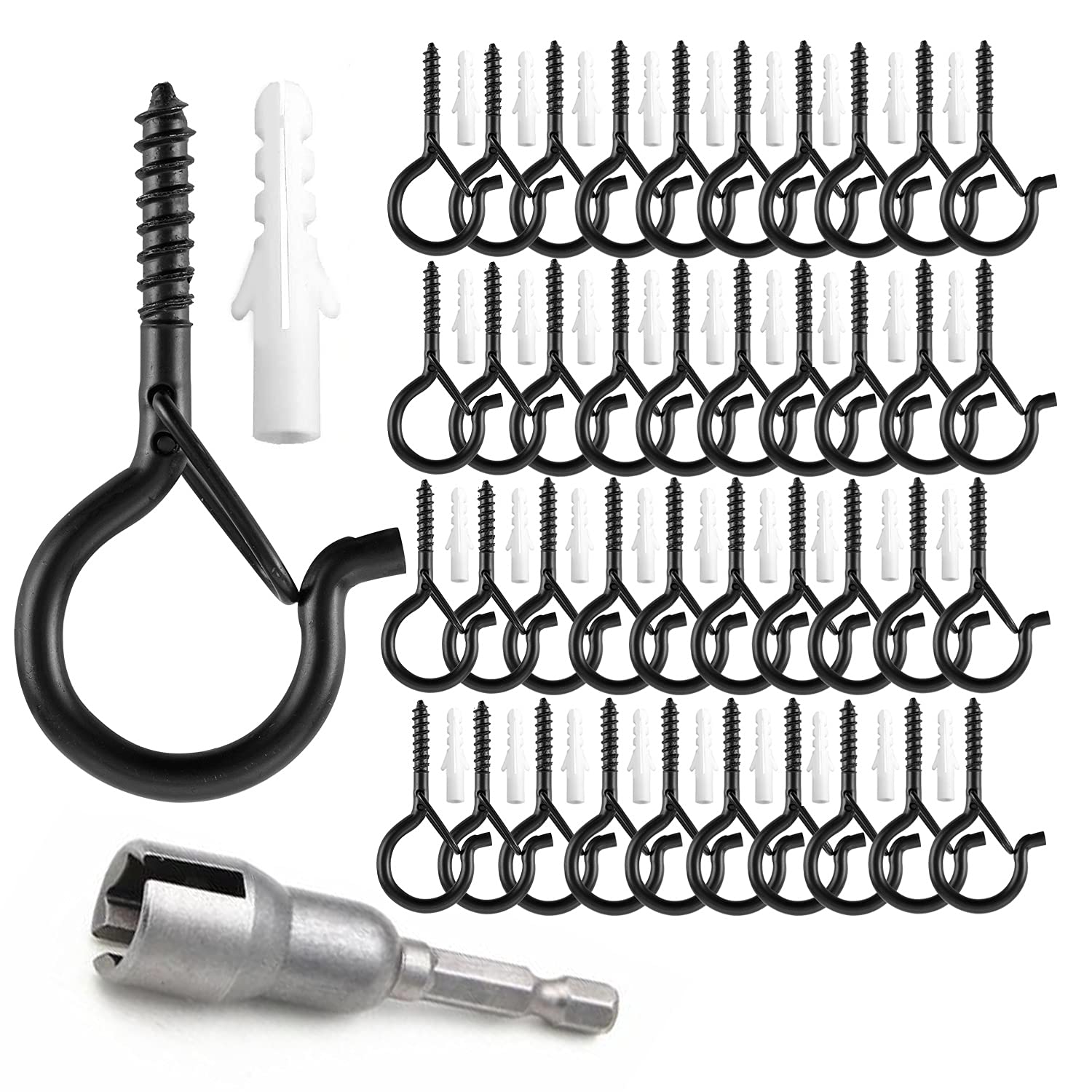 40 PCS Q-Hanger Hooks with Safety Buckle, Windproof Screw Wall Ceiling Hooks for Outdoor String Lights Hanging Christmas Lights, Plants, with 1 Wing Nut Driver