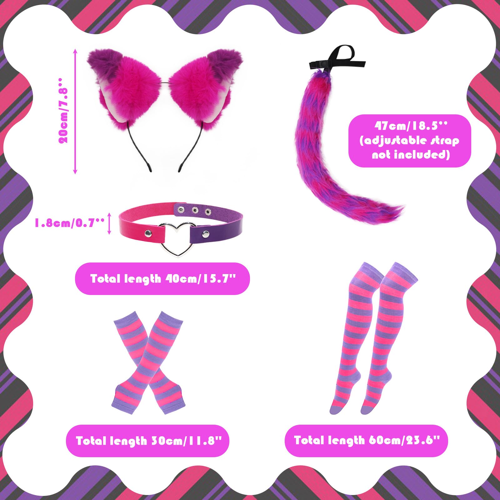 GLGHMH 7PCS Pink Purple Striped Cat Costume, Fluffy Faux Fur Fox Cat Ears Hair Headband Socks Tail Gloves Choker Set - Image 3