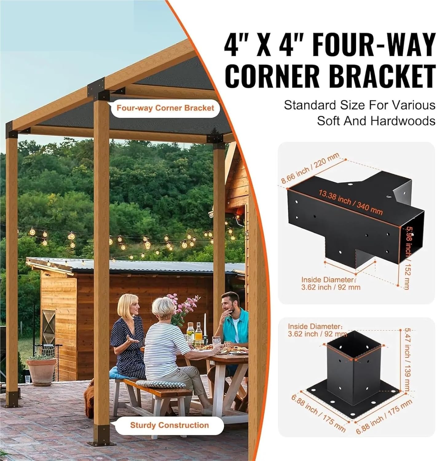Pergola Bracket Kit 4''x4'', 4pcs (2pcs 4-Way,2pcs Base) Heavy Duty Corner Bracket Woodworks DIY Post Base Kit,Easy Installation
