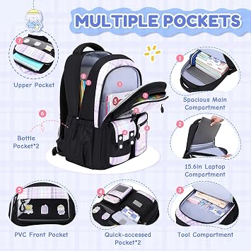 Girls School Backpack, Cute Kawaii Kids Rucksack for Primary School Students, Water Resistant Bookbag with Cartoon Pins & Pom Pom, Travel Bag with Luggage Strap
