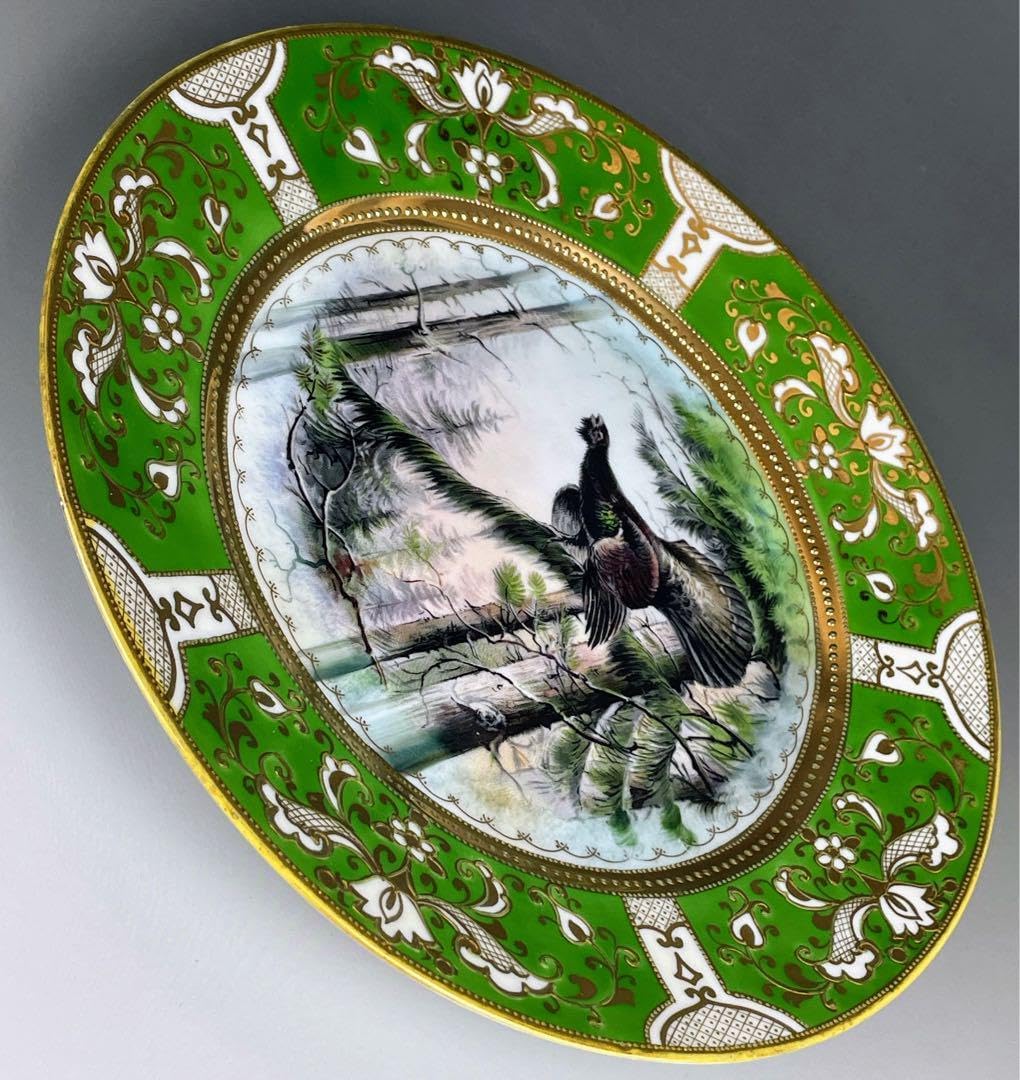 オールドノリタケ 21．9㎝ ライチョウ紋金盛り皿 雉 キジ 黒雷鳥