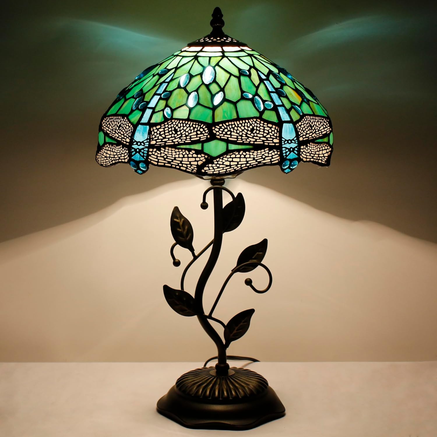 Tiffany Lamp Table Lamp Stained Glass Desk Light 12X12X19 Inches Reading Light Decor Bedroom Living Room (Green Dragonfly Style)
