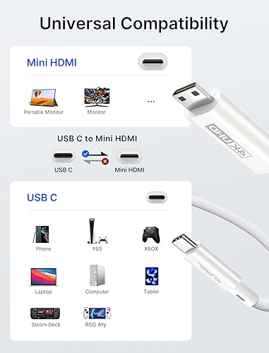 Miniatura 6 de JSAUX Cable USB C a Mini HDMI de 10 pies (no HDMI), cable de portátil a monitor portátil, cable 4K de alta velocidad (4K 30Hz2K 60Hz1080P),
