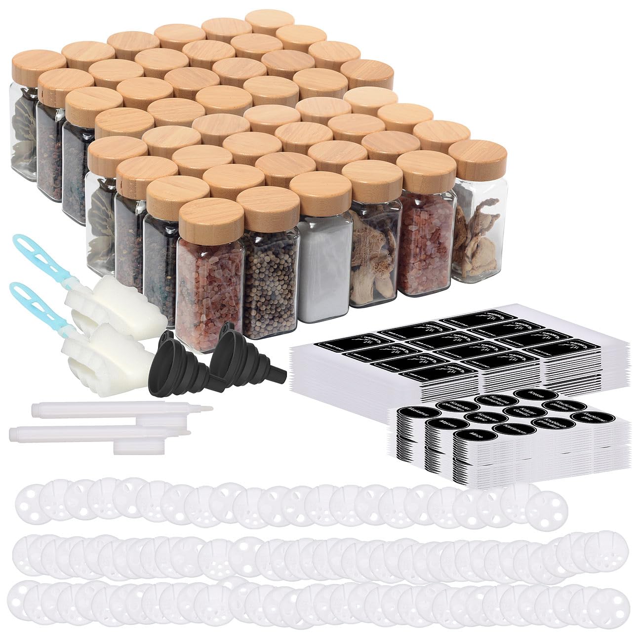 Rosenstein & Söhne Gewürzgläser für Küchen: 48er-Set Gewürzgläser mit Bambusdeckel, je 120 ml, 480 Etiketten (mit Streueinsätzen, mit Streueinsatz Sets)