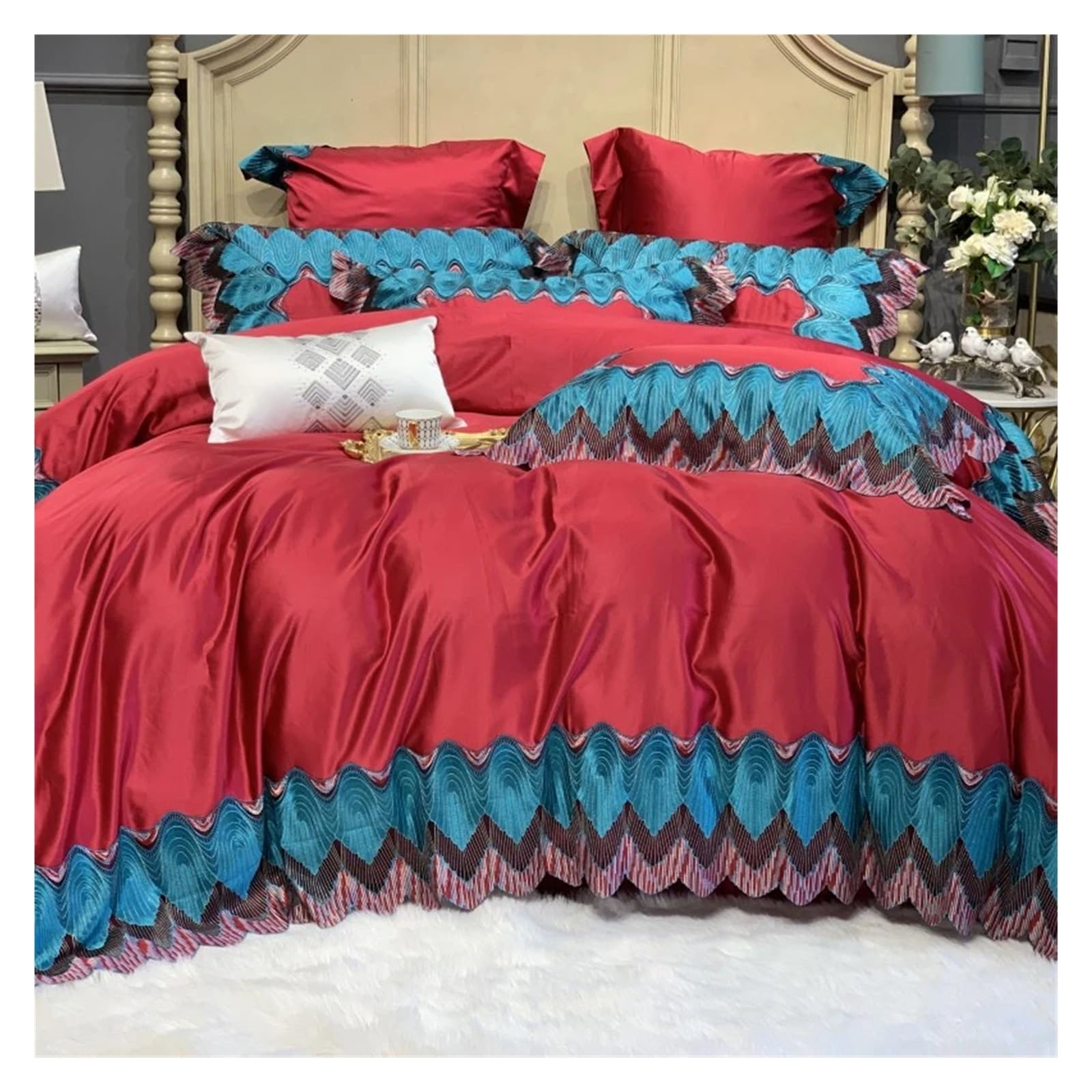 Sbcgfy H Bed Four Pieces Set, Luxury Red 1000Tc Egyptian Cotton European Wedding Lace Bedding Set Soft Duvet Cover Bed Sheet Or Bedspread Pillowcases 4Pcs,-Queen 200X230cm 4Pcs