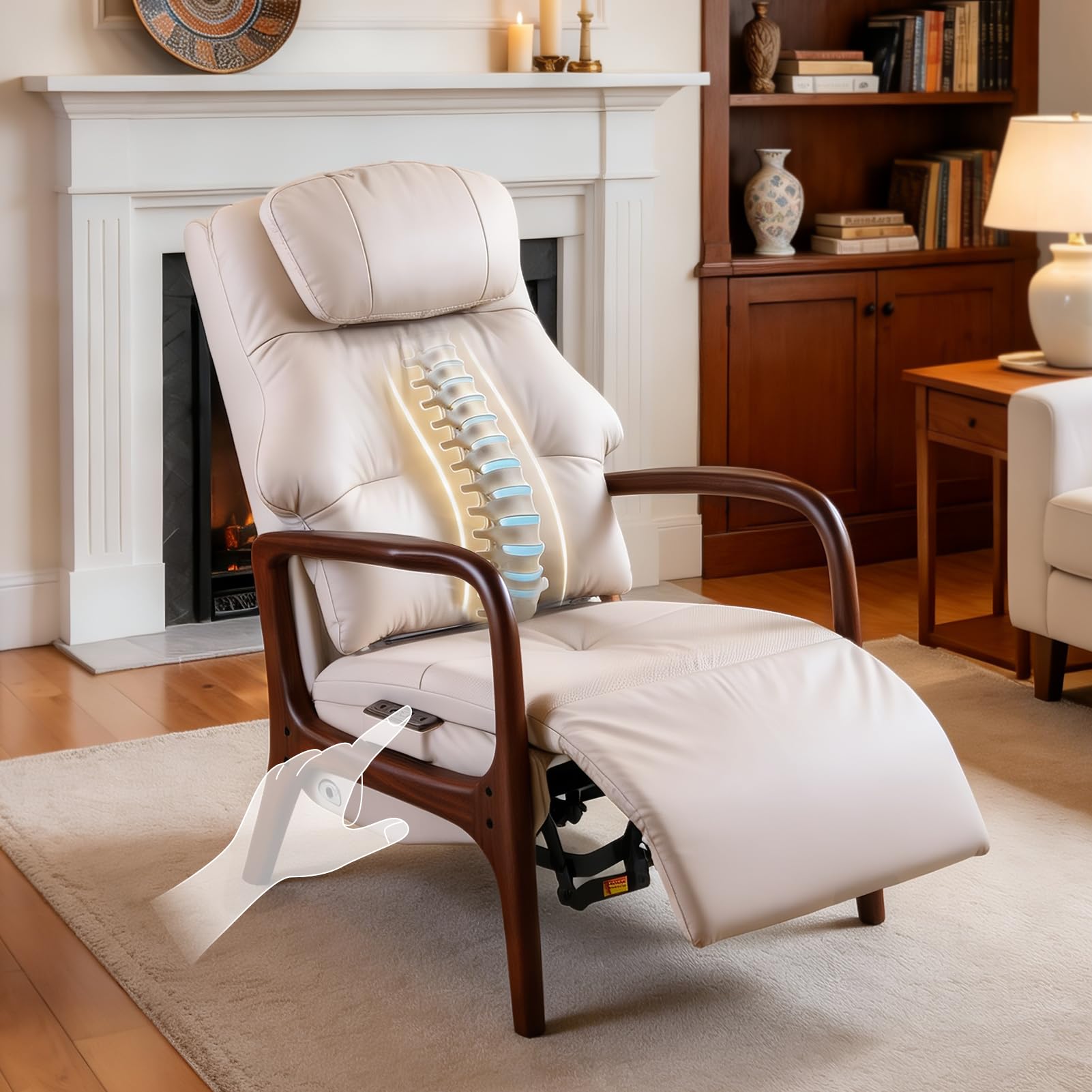 EMIAH Fauteuil Relax avec Accoudoirs en Bois, Soutien Lombaire et Fonction d'extension, Fauteuil Inclinable Électrique avec d'inclinaison et Repose-Pieds, Fauteuil TV avec Appui-tête, Cuir Véritable
