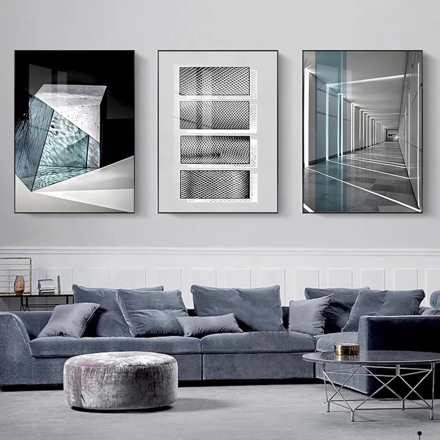 ARTFEB Modern Abstract Wall Art Set, Geometric and Architecture Prints, Black Framed Blue Wall Decor for Living Room Bedroom Office,24 x 32 inches,3 Pieces