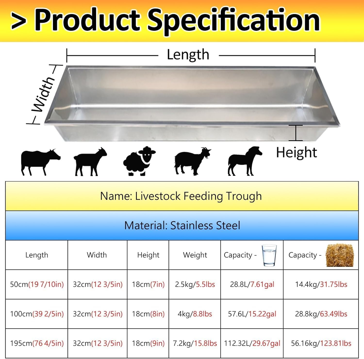 Large Capacity Animal Feed Trough Weatherproof, Stainless Steel Dogs Goats Cows Horse Watering Trough, Portable Poultry Pasture Feeders Outdoor Farms(195cm(76 4/5in))