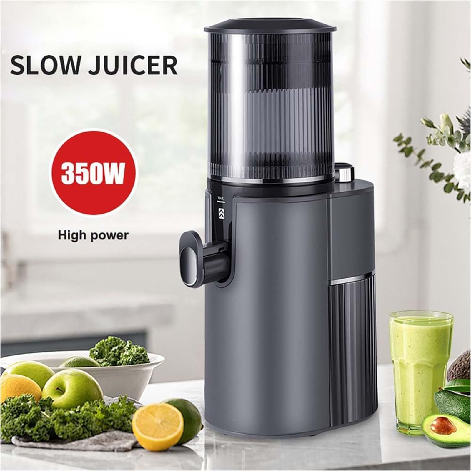 Máquina Eléctrica de Zumo de Naranja, Exprimidor Masticador de 350W | 45 Rpm, Baja Velocidad, Alto Rendimiento de Jugo, Canal de Alimentación Ancho, Función Inversa(black)