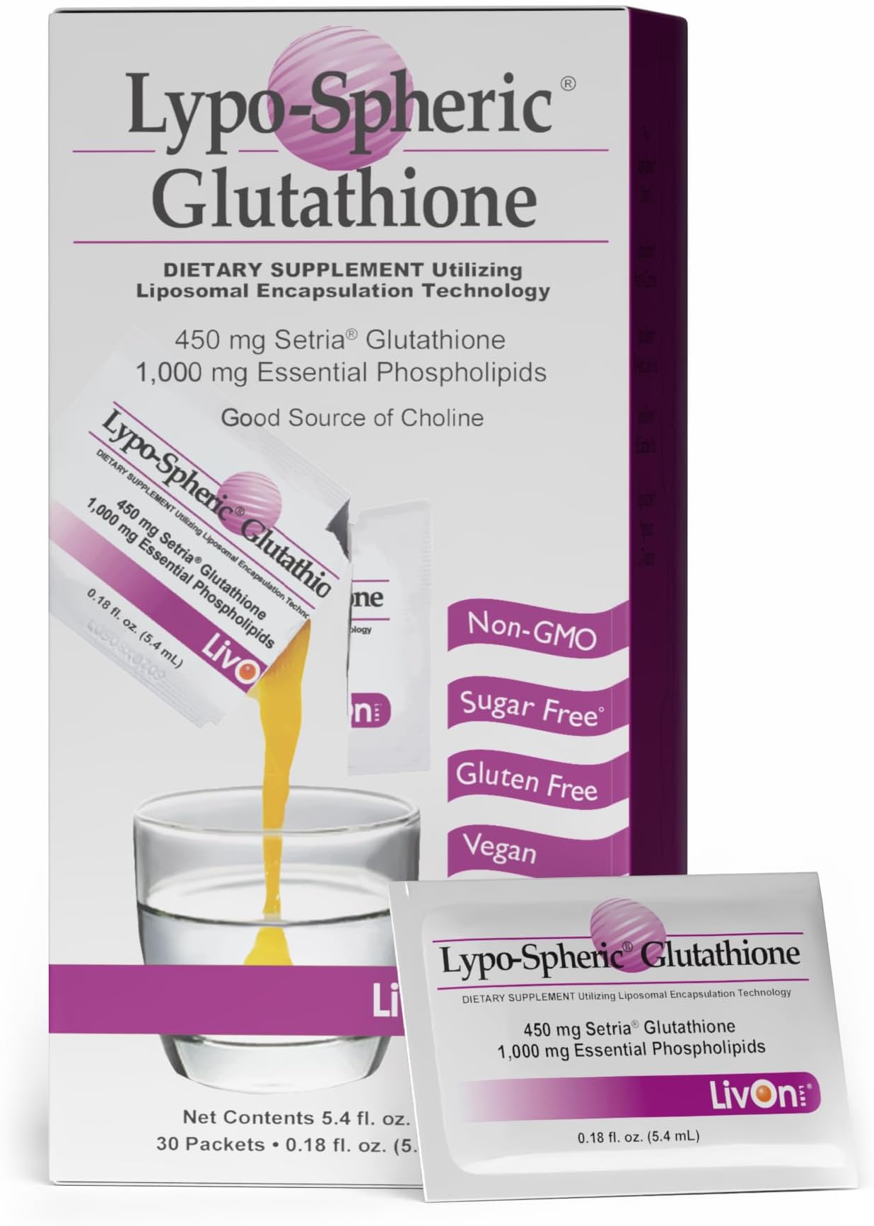 LivOn Laboratories Lypo-Spheric Glutathione - 30 Packets โ 450 mg Glutathione Per Packet โ Liposome Encapsulated for Maximum Bioavailability โ Professionally Formulated โ 100% Non-GMO