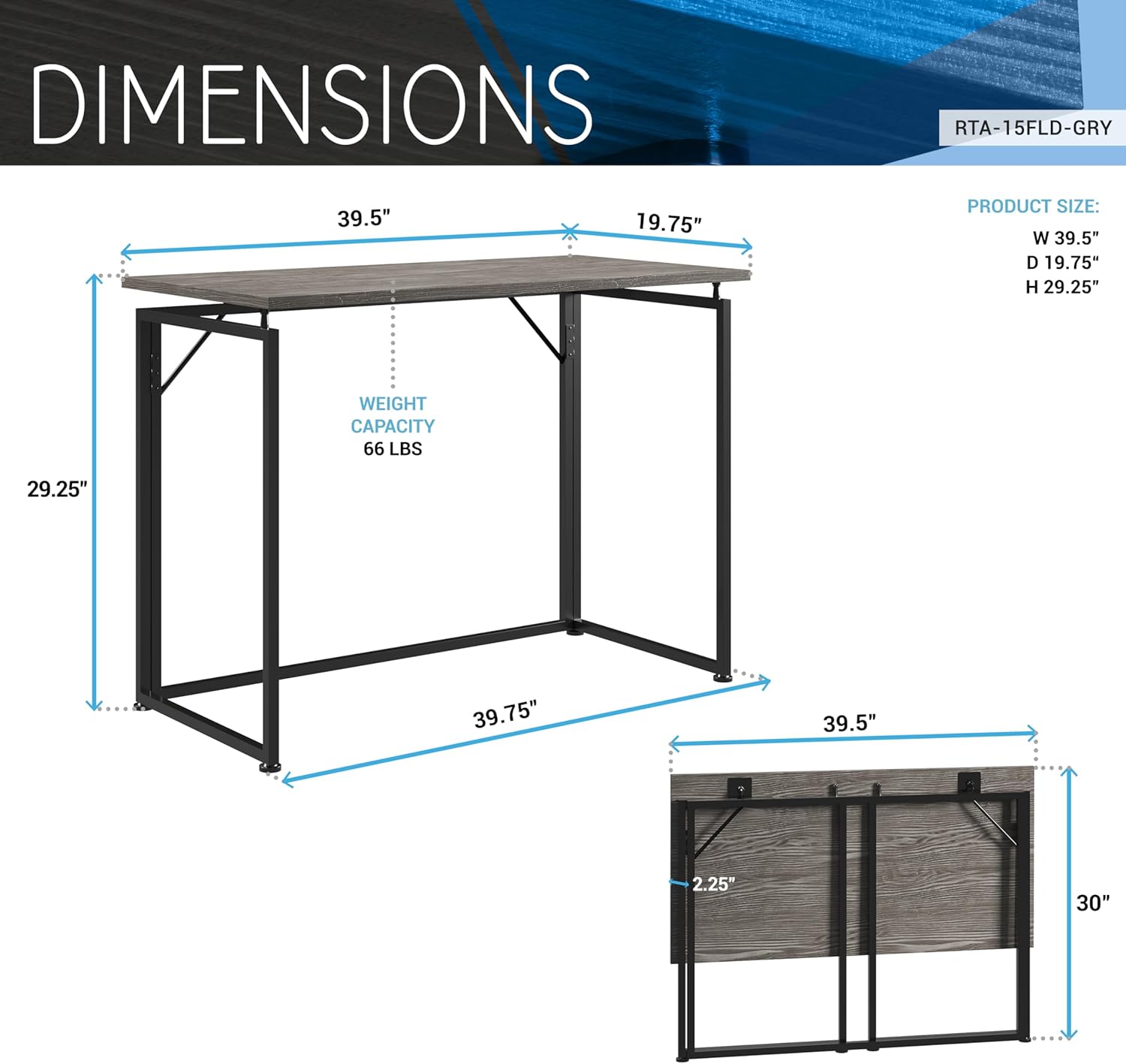 39.5" Folding Desk for Small Spaces, Folding Table or Portable Computer Desk, Space-Saving Workstation for Home Office, Bedroom, Dorm and Study, No Assembly Required, Grey