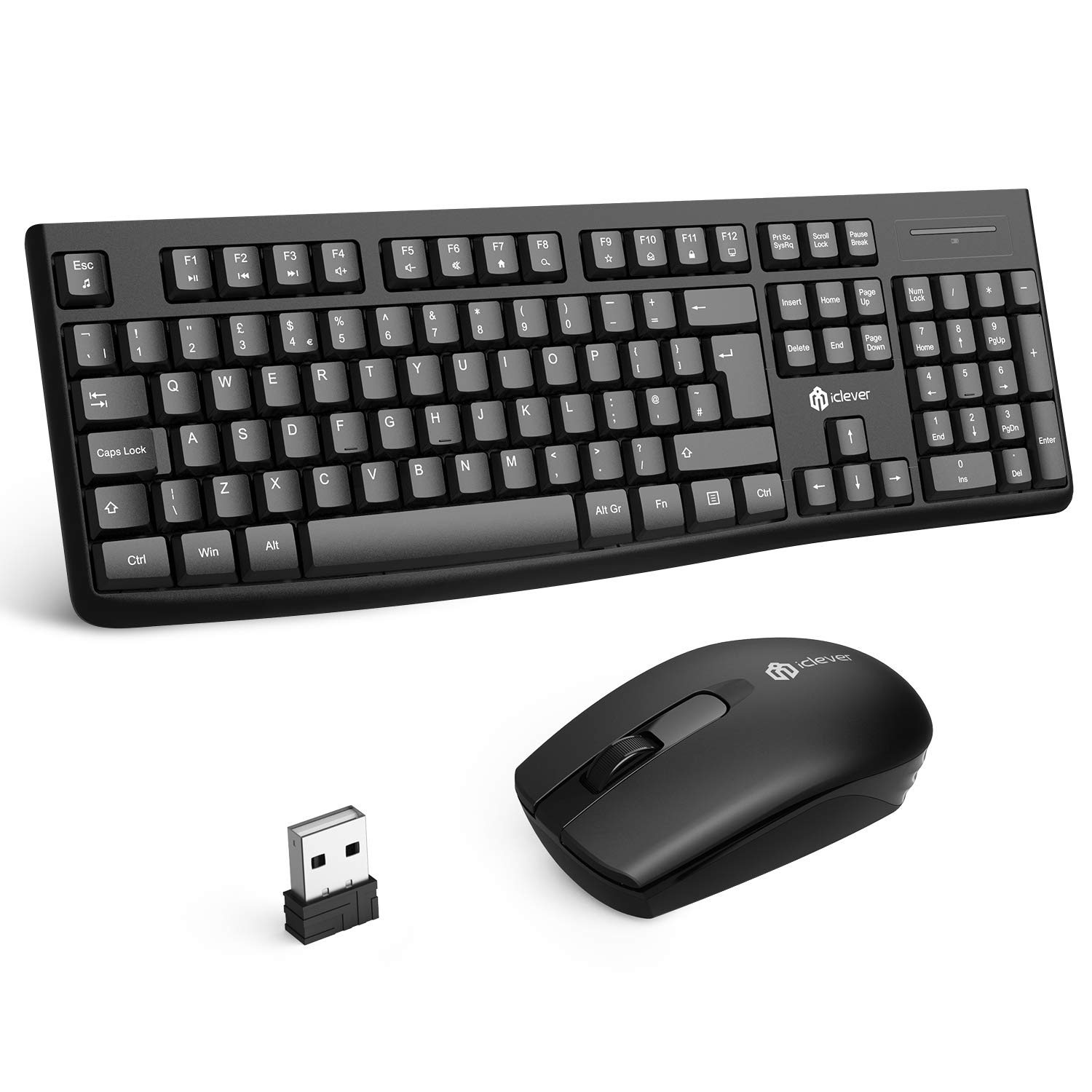 Wireless Keyboard and Mouse Set, iClever Wireless Keyboard Mouse, 2.4G Full-Size Keyboard with Multi-Media Shortcuts, Compatible With Desktop, Laptop, PC, Windows etc. QWERTY UK Layout, Black