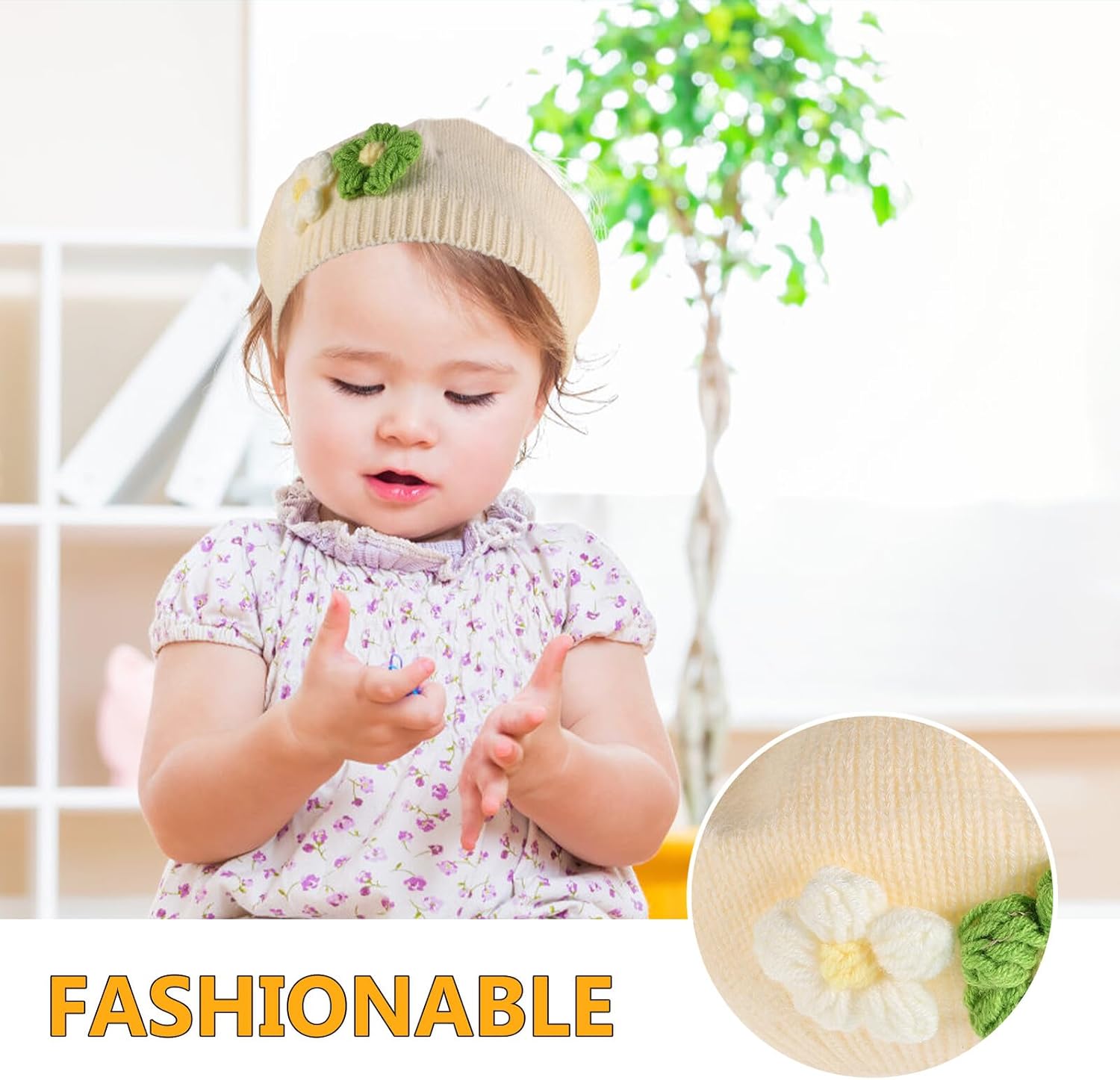 Ipetboom Baby Girls Winter Beret Hat with Flower, Green Fabric