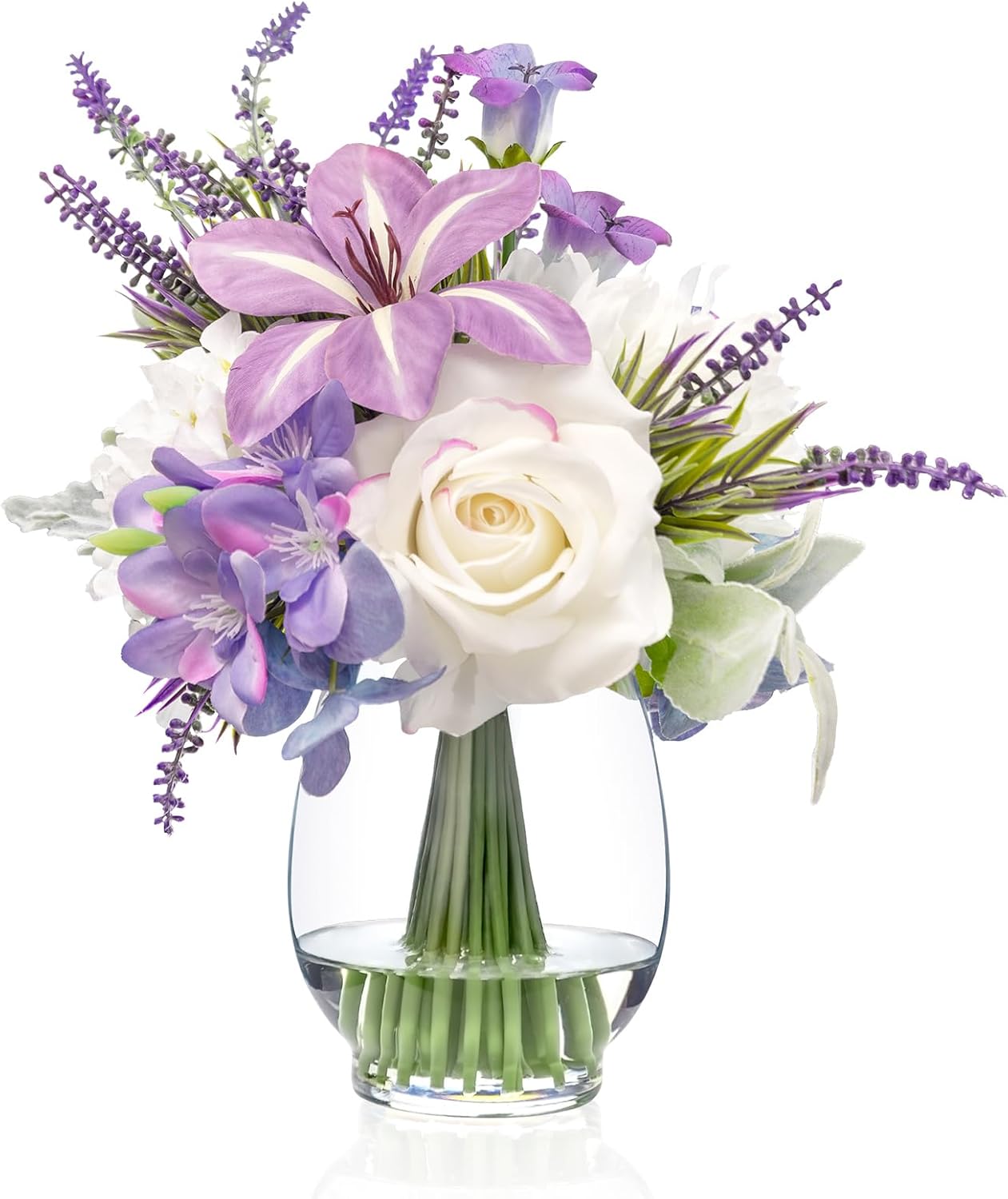 WELL KNOWN Fake Flowers in Vase Artificial Flowers with Fake Water, Real Touch Faux Silk Rose & Blooming Tulips Spring Flower with Lavender Arrangements for Table Decor (White Purple)