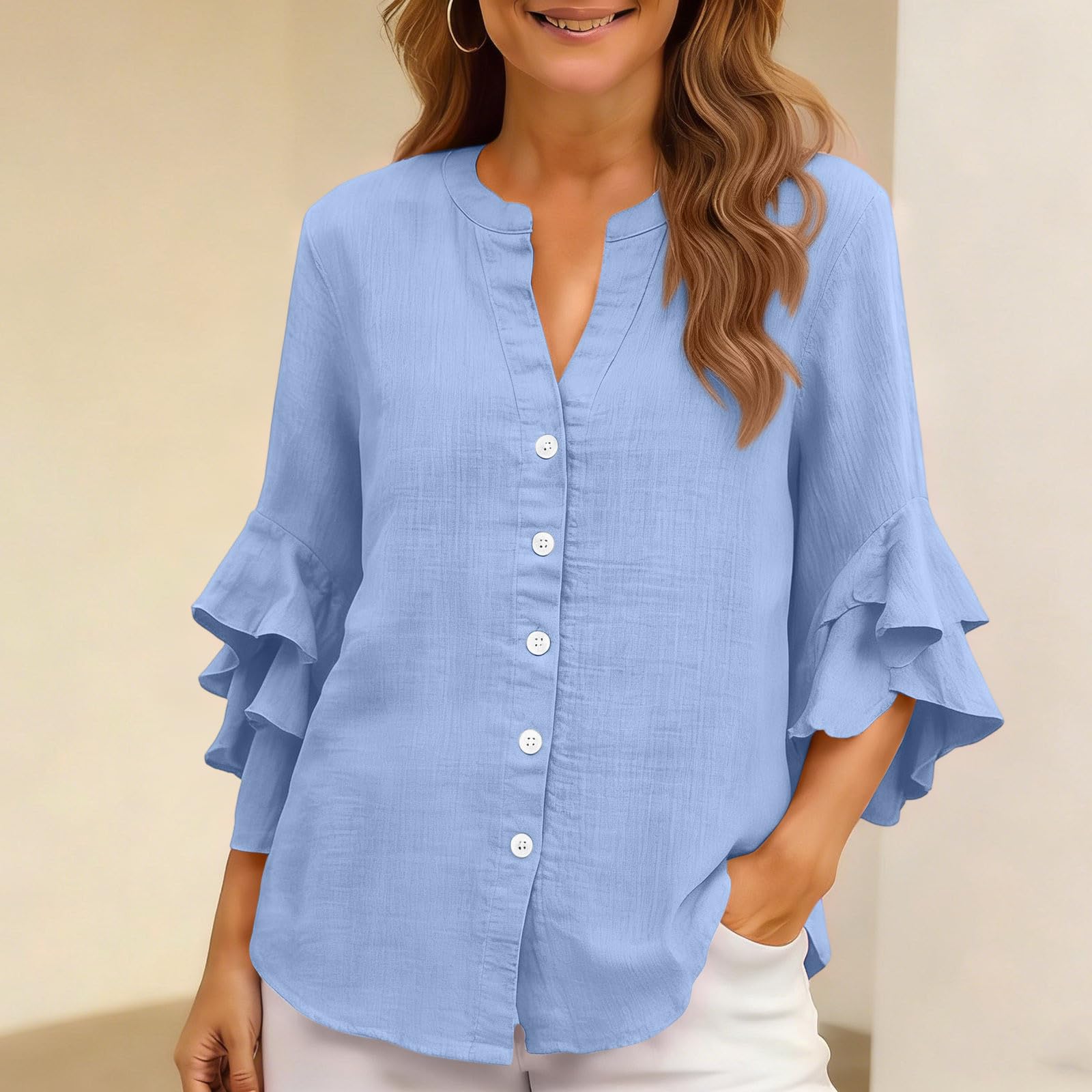3/4 Ruffle Sleeve Cotton Linen Shirts for Women Dressy V Neck Beach Tunic Tops Elegant Summer Casual Work Blouses - 4
