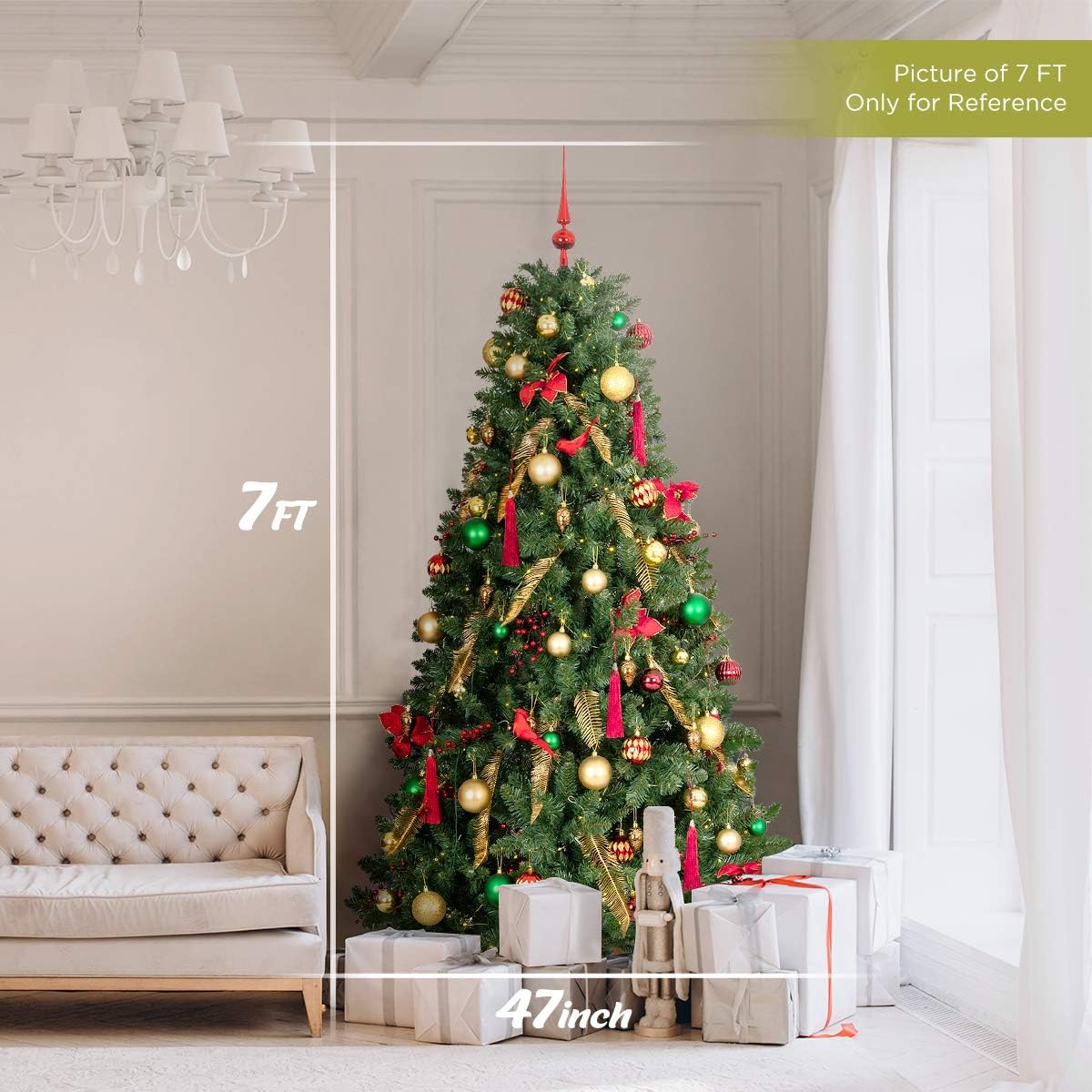 LIFEFAIR 7 FT Full Christmas Tree with Lights, Prelit Christmas Tree with PVC 850 Tips, Premium Xmas Tree Ornaments for Festive Holiday Décor