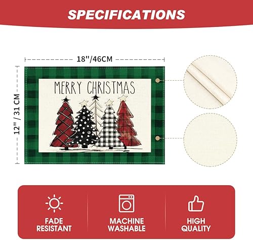 Miniatura 6 de Artoid Mode Waterclor - Juego de 6 manteles individuales con diseño de árboles de Navidad de búfalo verde, 12 x 18 pulgadas, manteles individuales