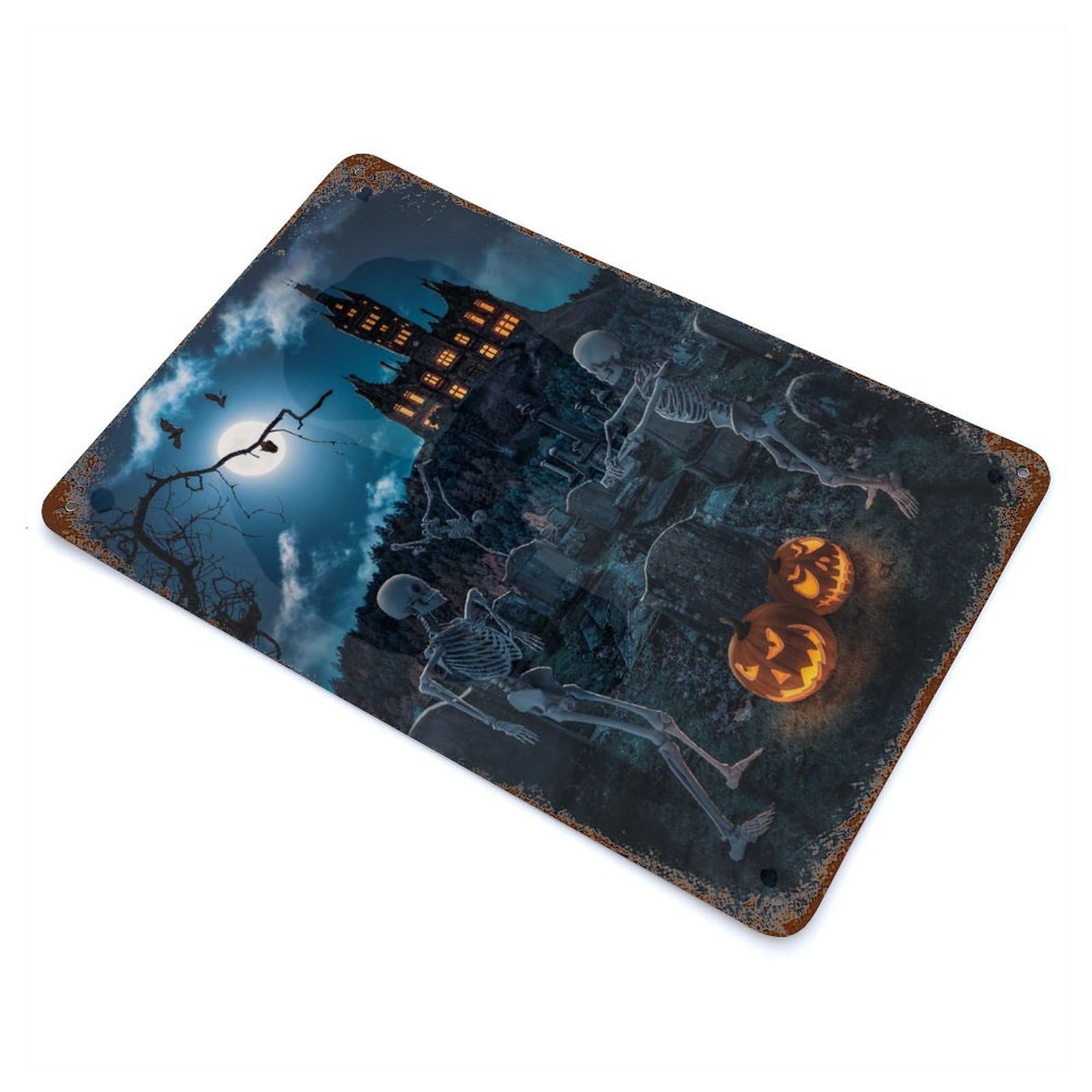 Garage Style Skeleton Halloween Party Aged Metal Wall Plaque 11.8"x7.9", Farmhouse Wall Decor for Bar And Workshop