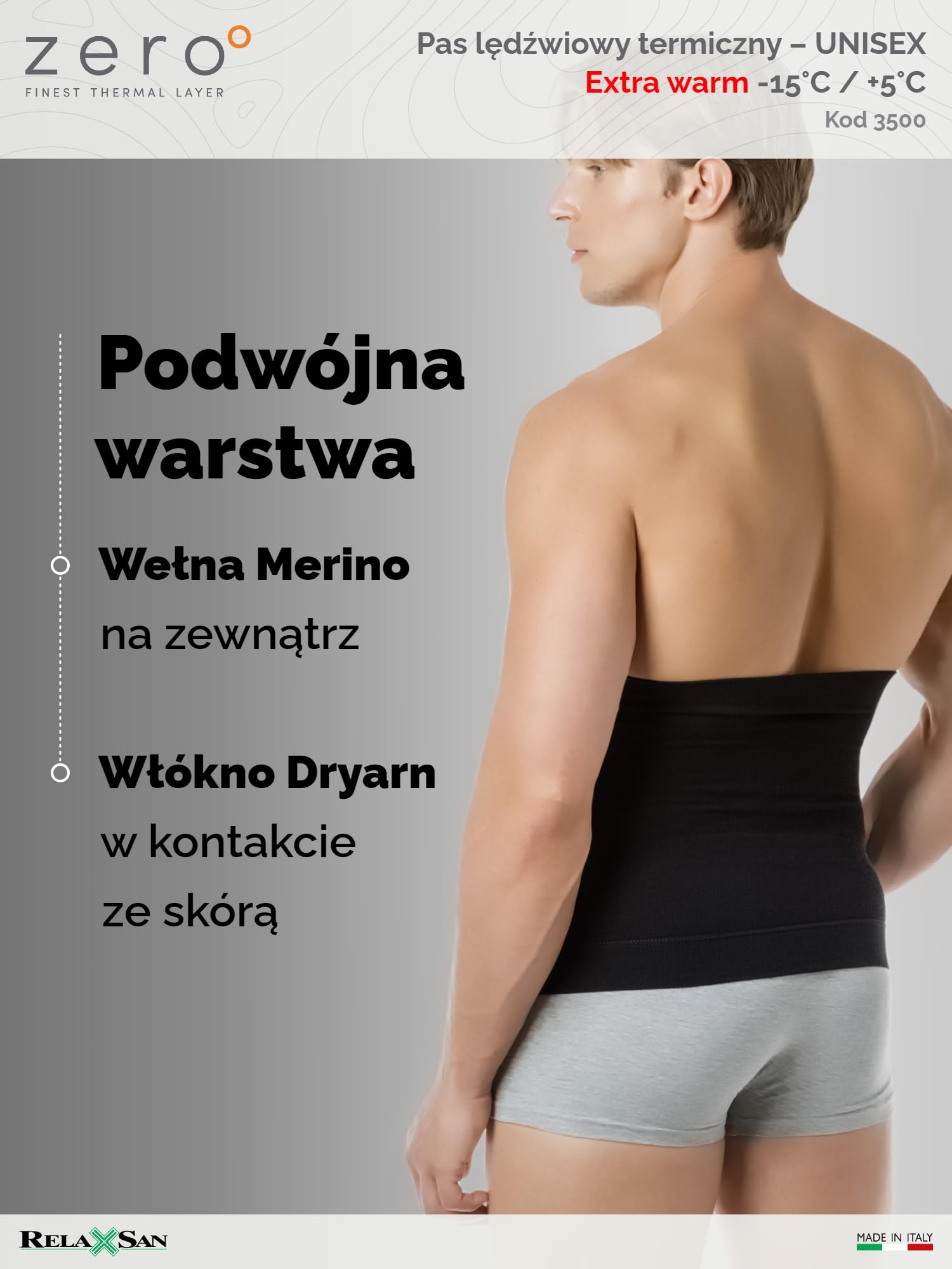 Relaxsan Zero 3500 Termoaktywny Pas Lędźwiowy Unisex Ciepły Miękki Wełna Merynosowa