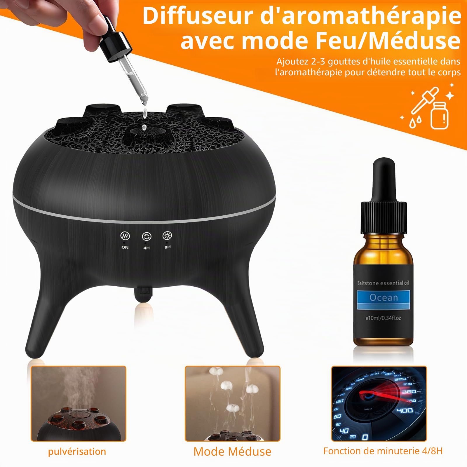 Diffuseur d'huiles essentielles pour chambre à coucher, 250 ml, brume méduse, humidificateur d'air, aromathérapie, diffuseur d'arômes avec lumières LED de 8 couleurs, minuteries, arrêt automatique