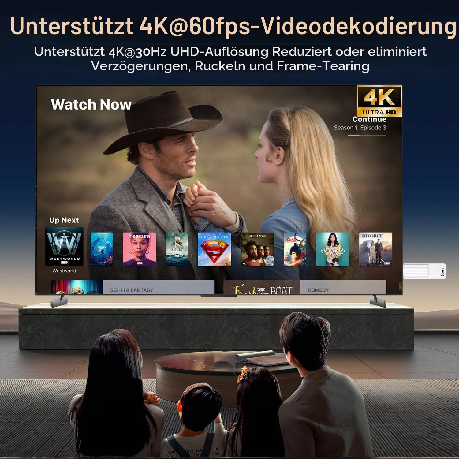 Android 14.0 TV Stick, mit 2GB RAM und 16GB ROM, angetrieben von RK3518 Quad-Core 32bit Cortex-A53 Chipset und Mali 450 MP2 GPU, unterstützt Dual-Band 2,4G/5G Wi-Fi, BT 5.4 und 4K Ultra HD
