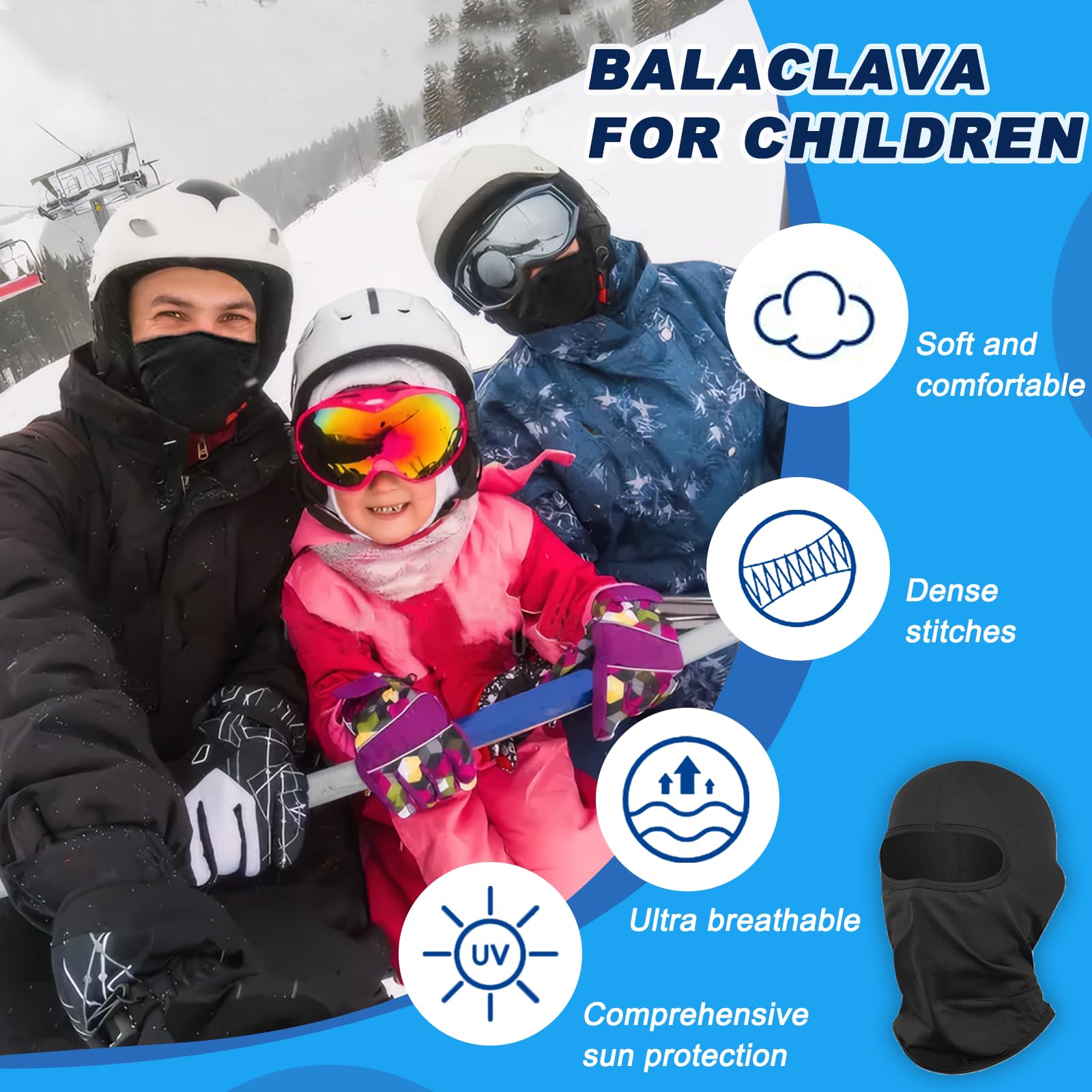 3 Pzs Máscara de Pasamontañas para Niños, Balaclava Protector, Bufanda de Verano para el Cuello Anti Viento Transpirable Protector UV Bufanda de esquí para Motocicleta, Talla única (Negro)
