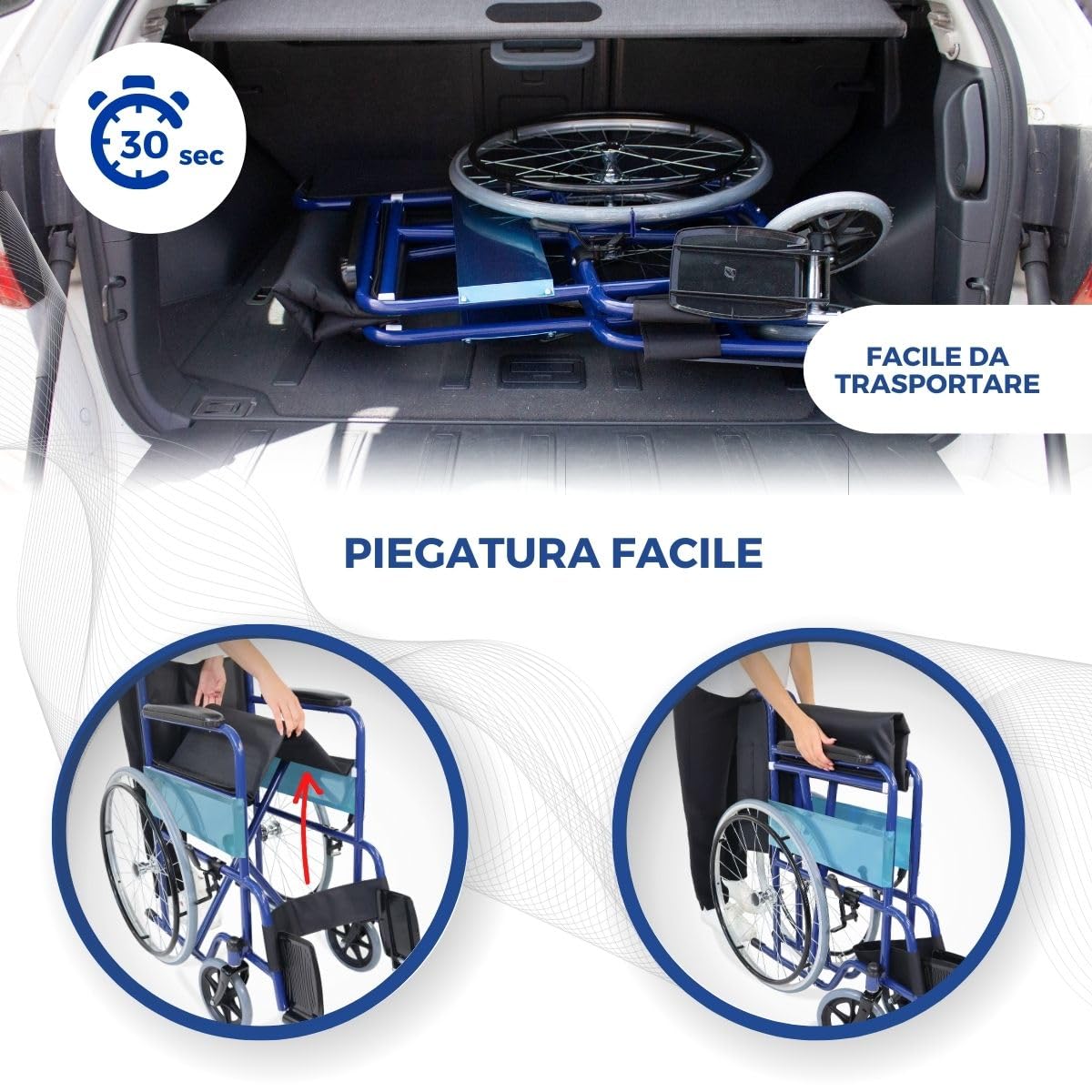 Mobiclinic®, Sedia a rotelle pieghevole, Alcázar, Freno manuale, Poggiapiedi fissi e braccioli pieghevoli, Marchio europeo, Carrozzina, Seduta 46 cm, Colore blu/nero