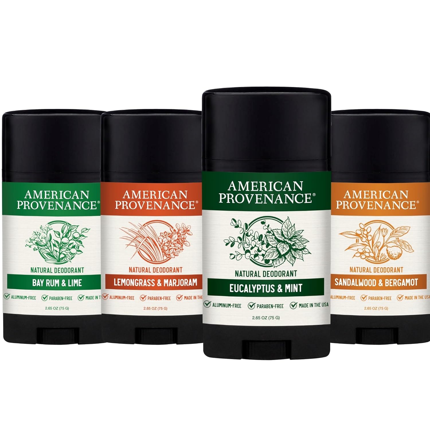 American Provenance Eucalyptus & Mint, Sandalwood & Bergamot, Bay Rum & Lime and Lemongrasss & Marjoram Deodorant Bundle