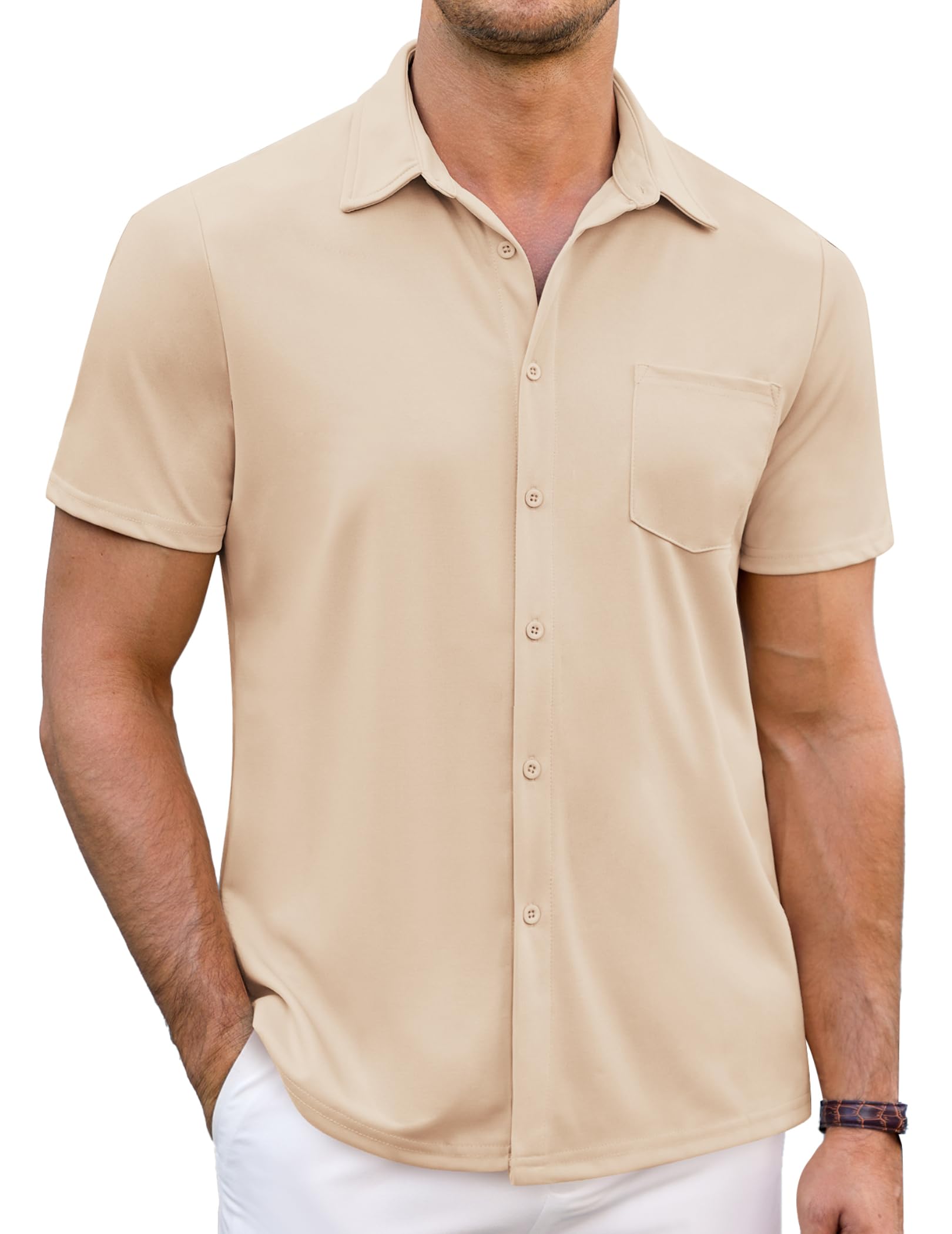 COOFANDY Men's Wrinkle Free Short Sleeve Shirt Casual Button Down Stretch Dress Shirts Summer Beach Shirt