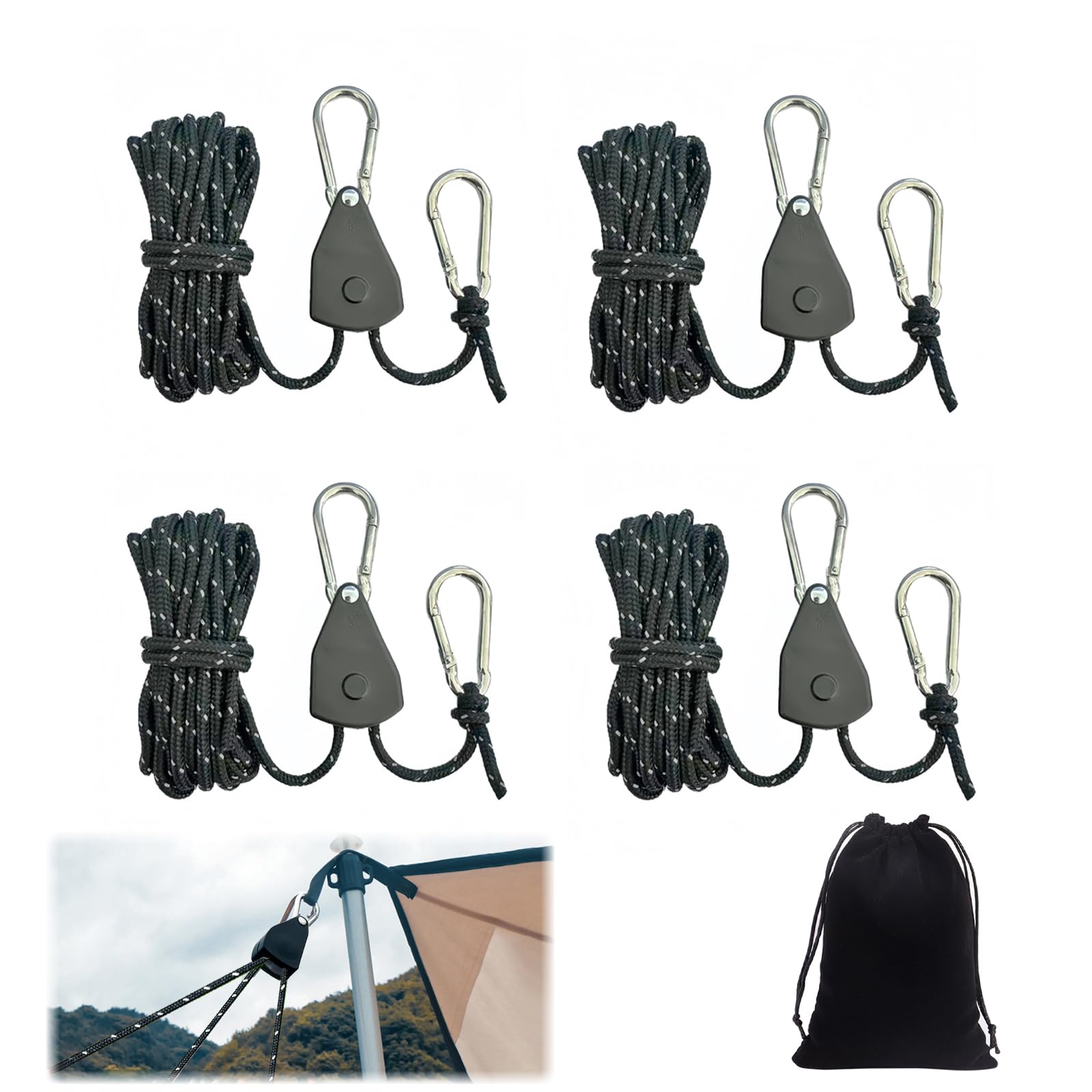 Reflective Tent Guy Ropes, 4PCS 4M Tent Camping Cord with Pulley, 4mm Heavy Duty Guide Rope with Aluminum Adjuster for Awning Outdoor Camping Gazebo Hiking Picnics (Black)