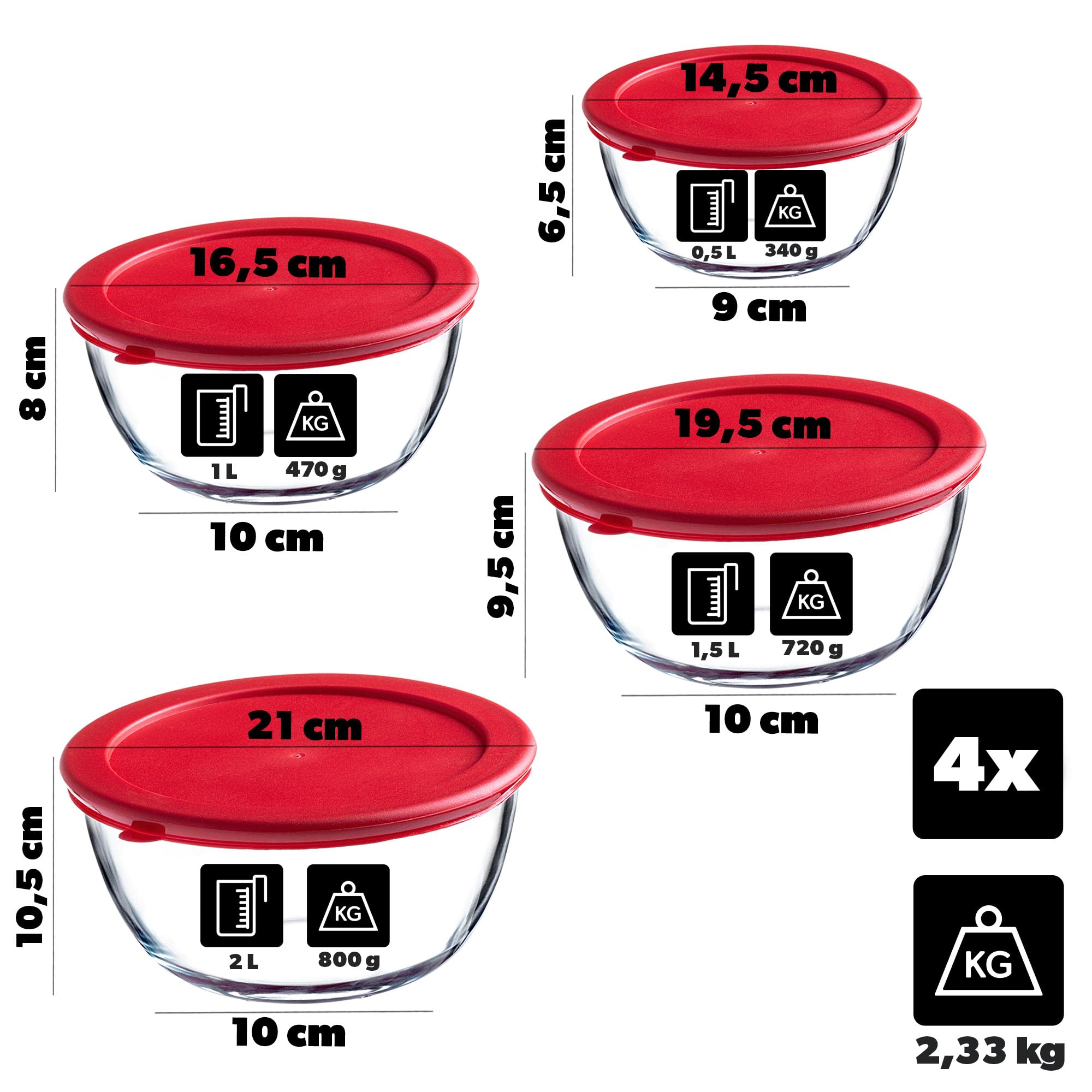 KADAX Juego de 4 cuencos de cristal con tapa, para mezclar, para hornear, alimentos, cocinar, preparar, recipientes redondos para alimentos, 0,5 – 2 L, recipiente de cristal, apto para lavavajillas