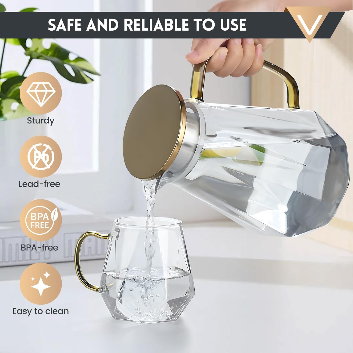 2 L/68 oz Diamond-Cut Glass Pitcher with handle and Gold Stainless Steel Lid,Heat Resistant Glass Water Carafe for Hot/Cold Beverages, Iced Tea, Milk,Dishwasher Safe (Transparent) Transparent 67.6 Ounces