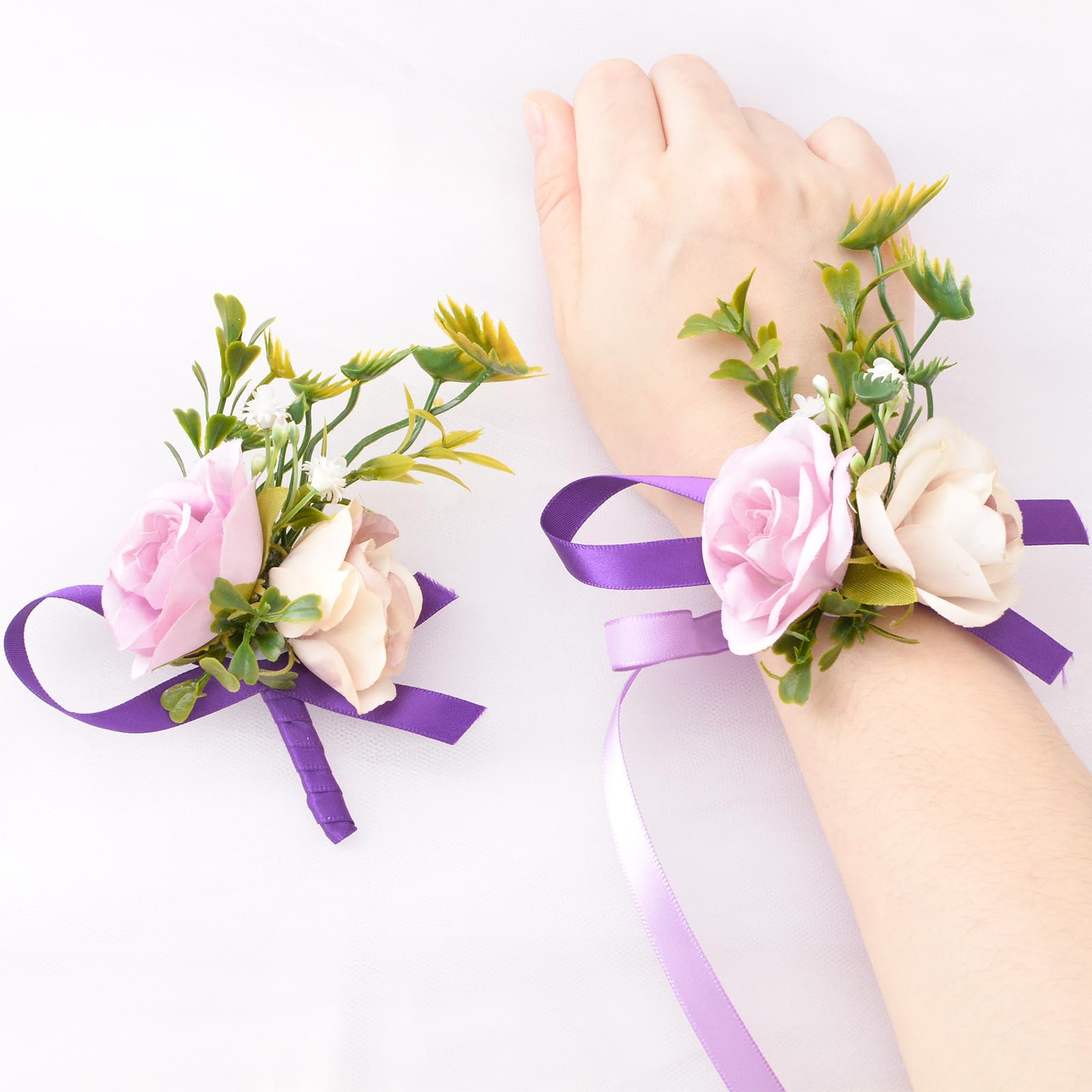 URROMA Juego de ramillete de muñeca y boutonniere, 1 juego de flores de mano pequeñas de rosa, blanco y morado para boda, fiesta, graduación, ramillete de muñeca artificial