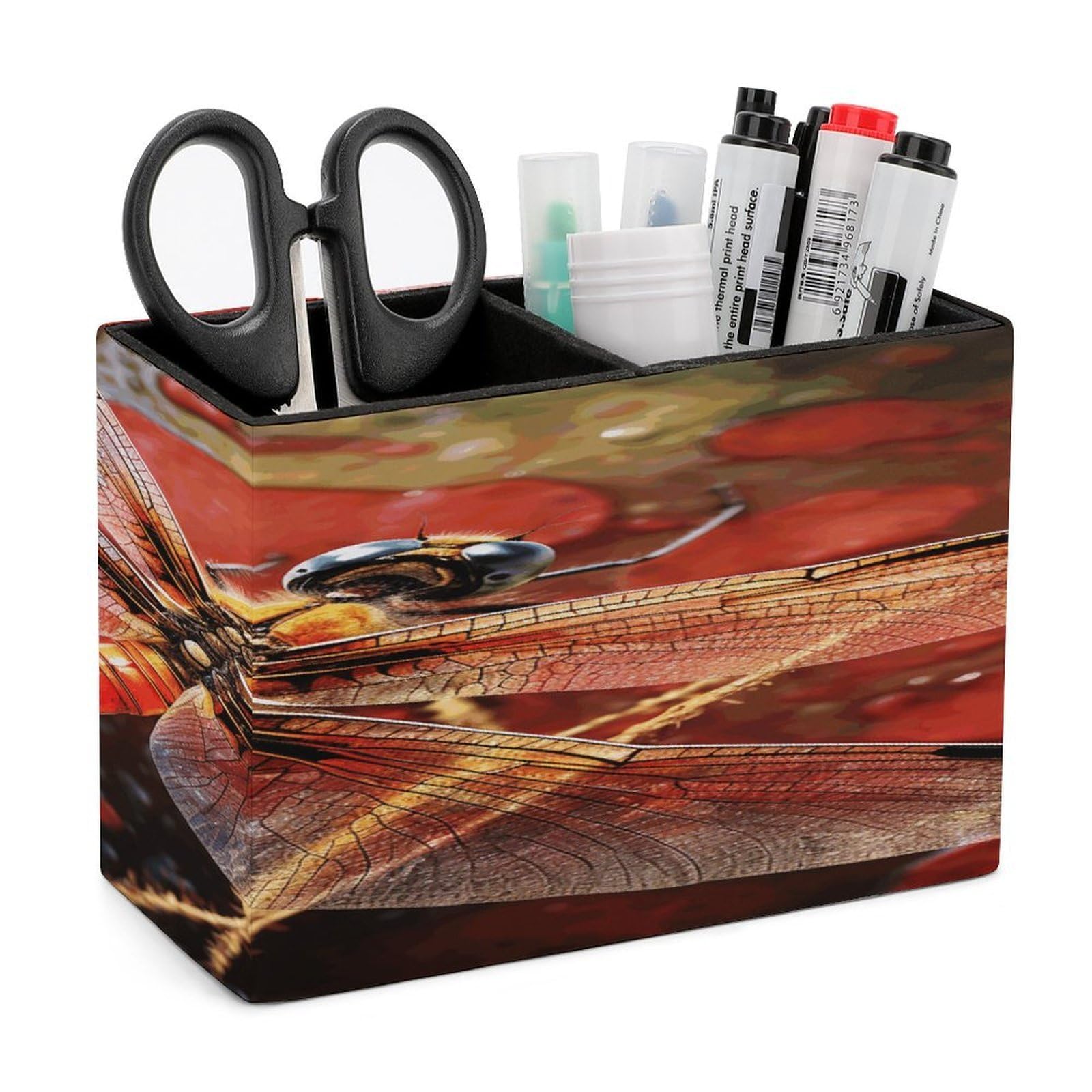 VstaDank Red Dragonfly Pen Holder Double Compartments Pen Cup Fashion Makeup Brush Holders Leather Pencil Holder for Work Locker Accessories Modern Pencil Cup for Desk Organizer